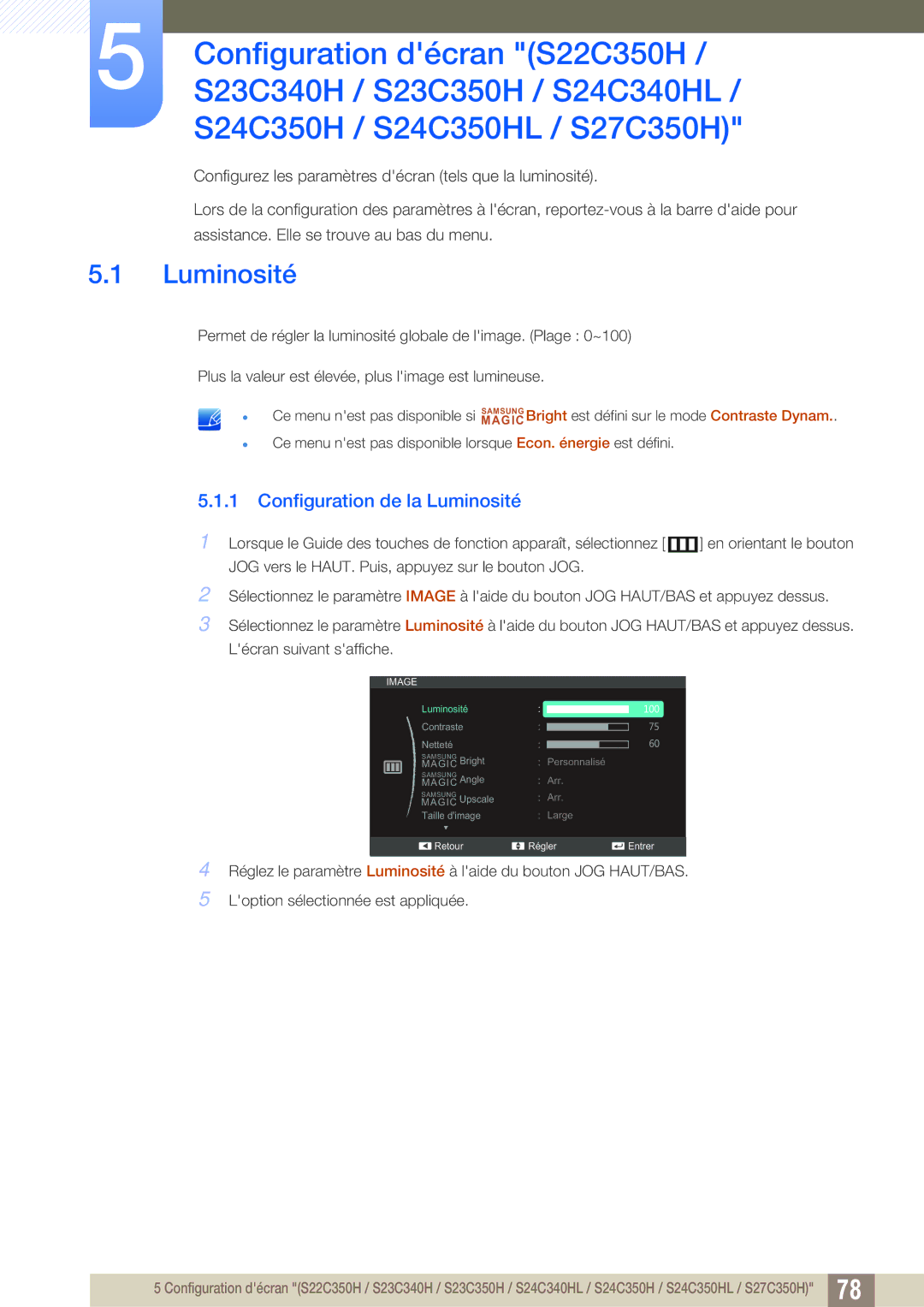 Samsung LS27C350HS/EN, LS22C350HS/EN, LS24C350HS/EN, LS23C350HS/EN, LS22D300NY/EN manual Luminosité 