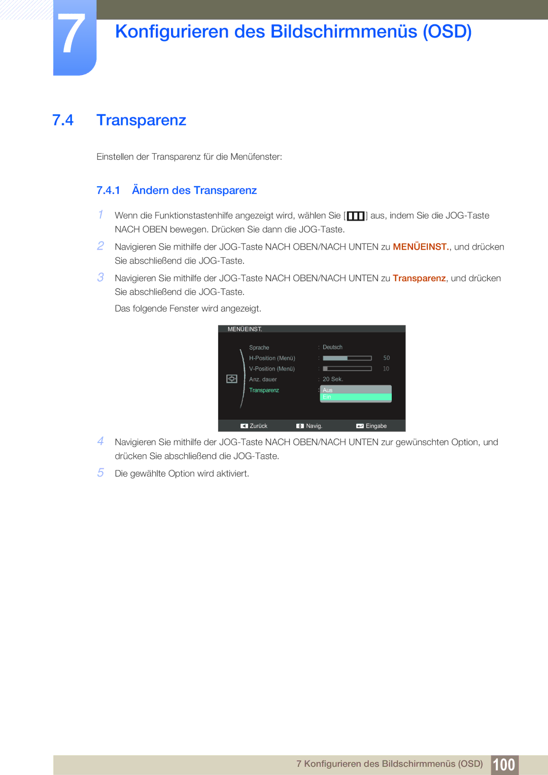 Samsung LS22C350HS/EN, LS24C350HS/EN, LS23C350HS/EN, LS27C350HS/EN, LS22D300NY/EN manual 1 Ändern des Transparenz 