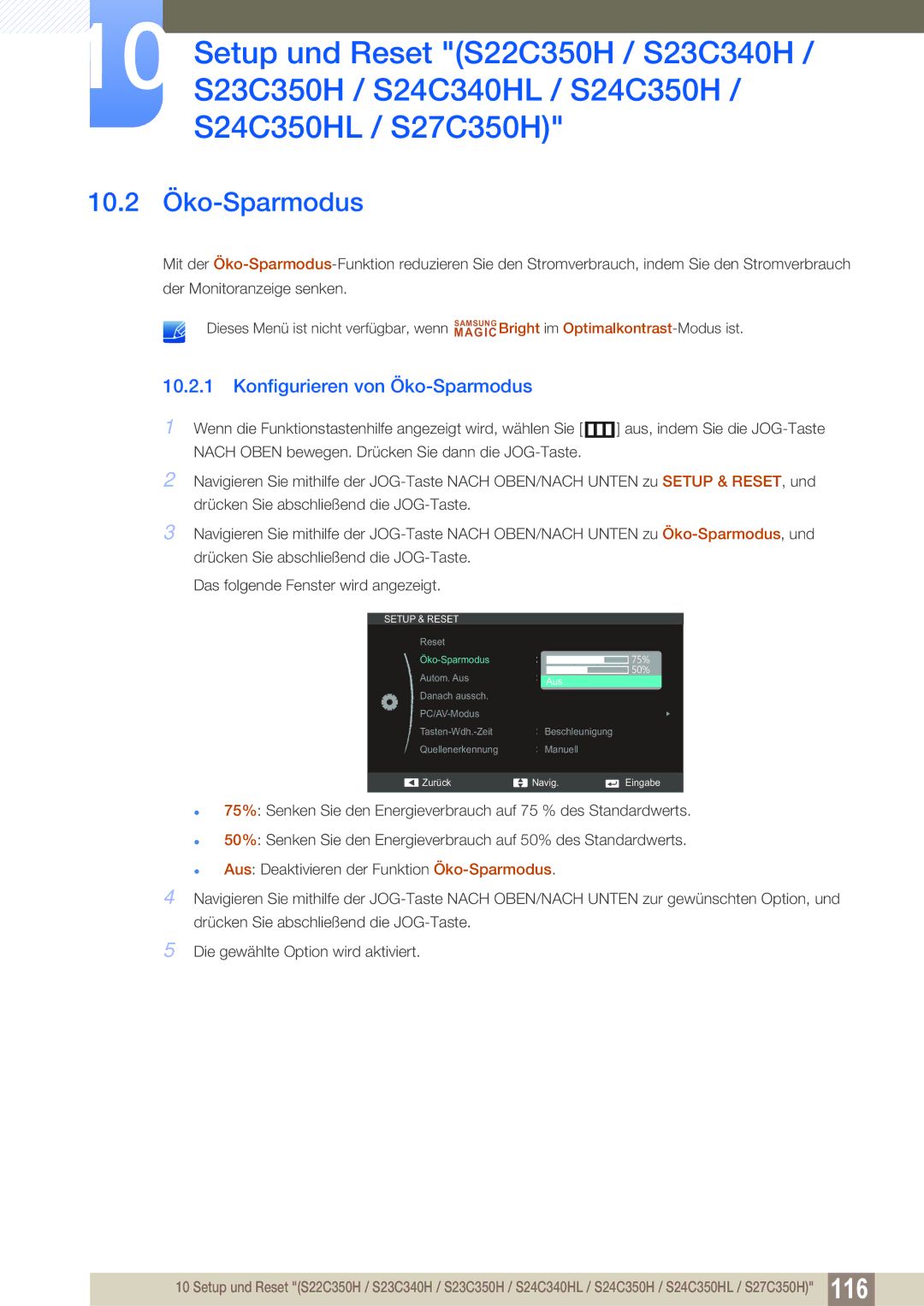 Samsung LS24C350HS/EN, LS22C350HS/EN, LS23C350HS/EN, LS27C350HS/EN manual 10.2 Öko-Sparmodus, Konfigurieren von Öko-Sparmodus 