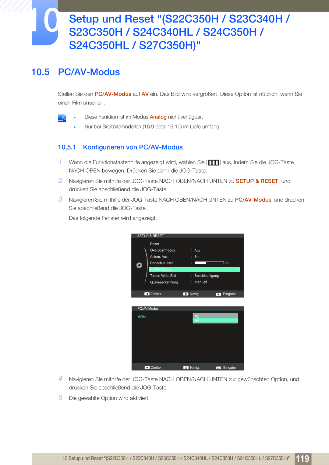 Samsung LS22D300NY/EN, LS22C350HS/EN, LS24C350HS/EN, LS23C350HS/EN manual 10.5 PC/AV-Modus, Konfigurieren von PC/AV-Modus 