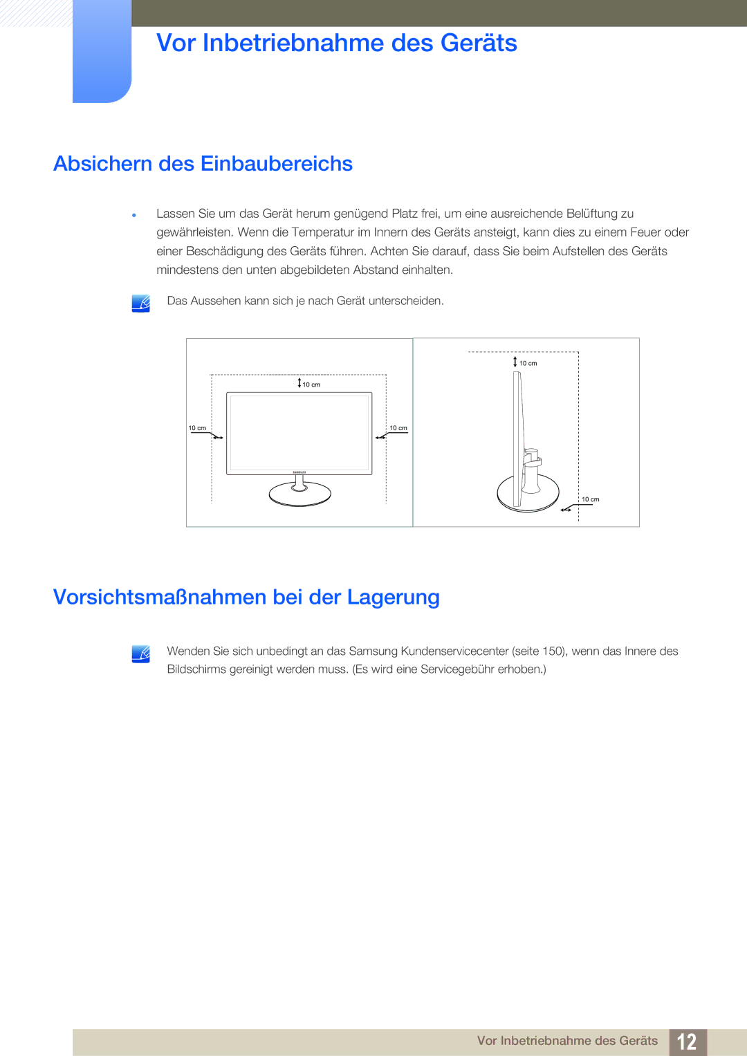 Samsung LS23C350HS/EN, LS22C350HS/EN, LS24C350HS/EN manual Absichern des Einbaubereichs, Vorsichtsmaßnahmen bei der Lagerung 