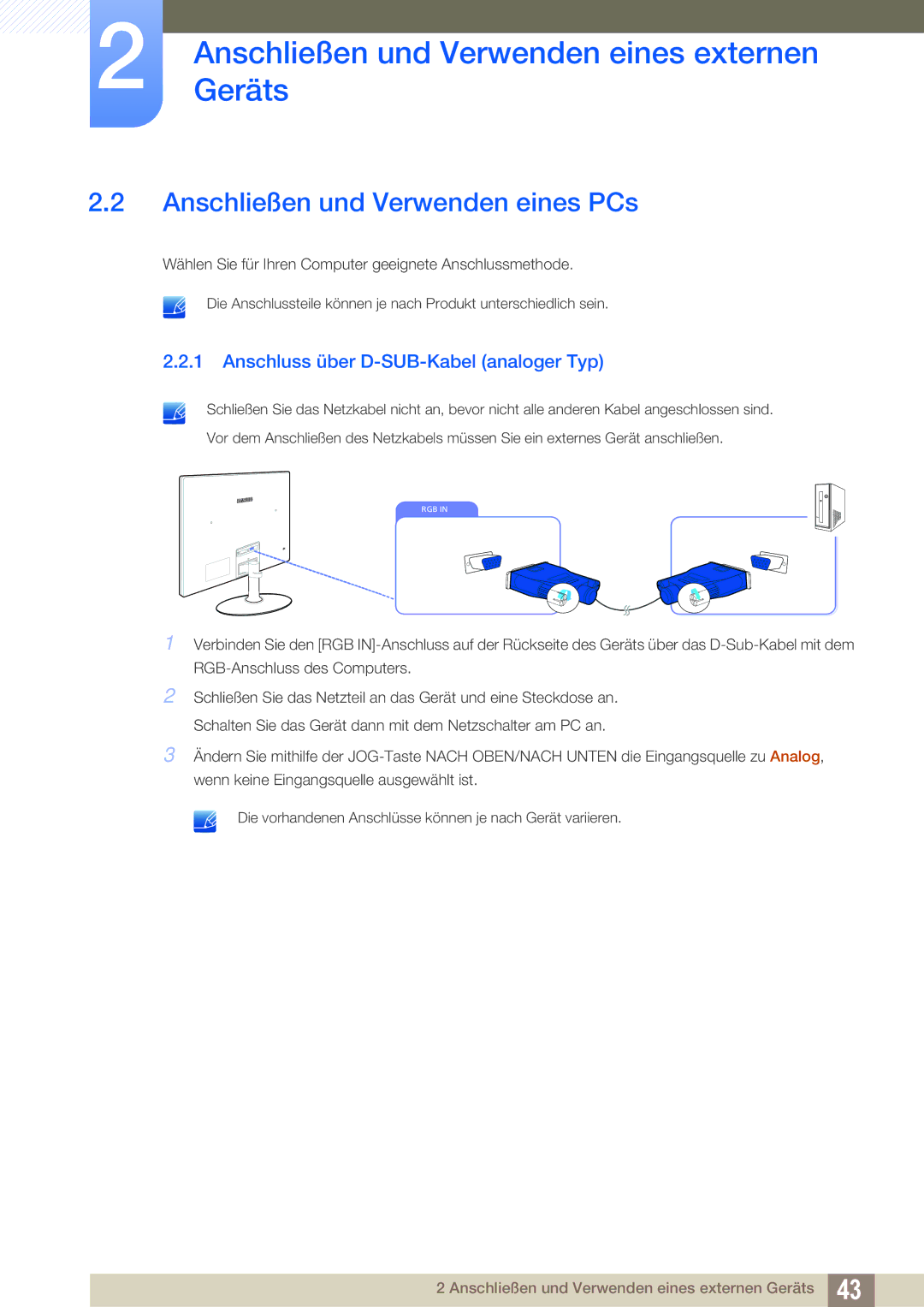 Samsung LS27C350HS/EN, LS22C350HS/EN manual Anschließen und Verwenden eines PCs, Anschluss über D-SUB-Kabel analoger Typ 