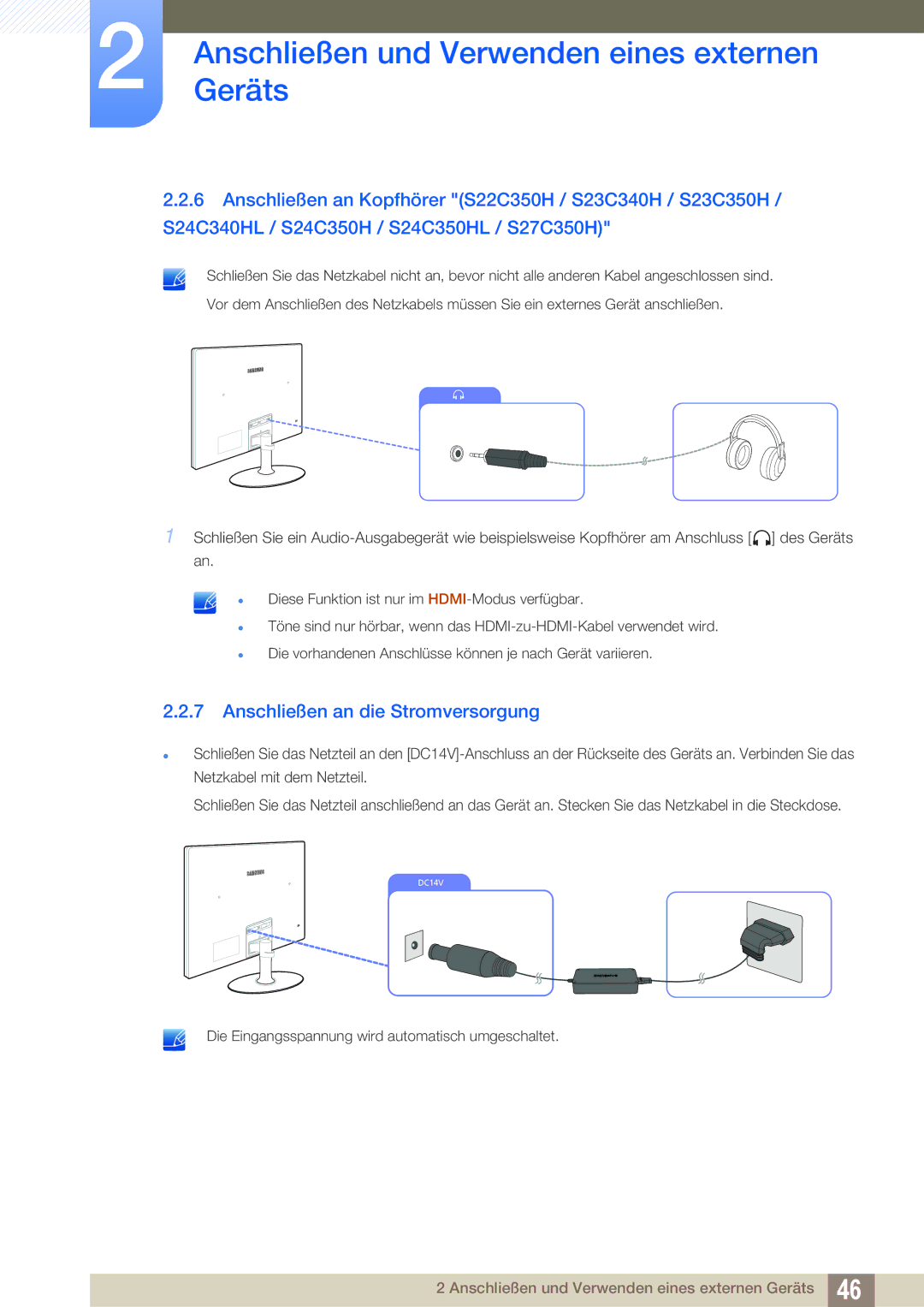 Samsung LS24C350HS/EN, LS22C350HS/EN, LS23C350HS/EN, LS27C350HS/EN, LS22D300NY/EN manual Anschließen an die Stromversorgung 