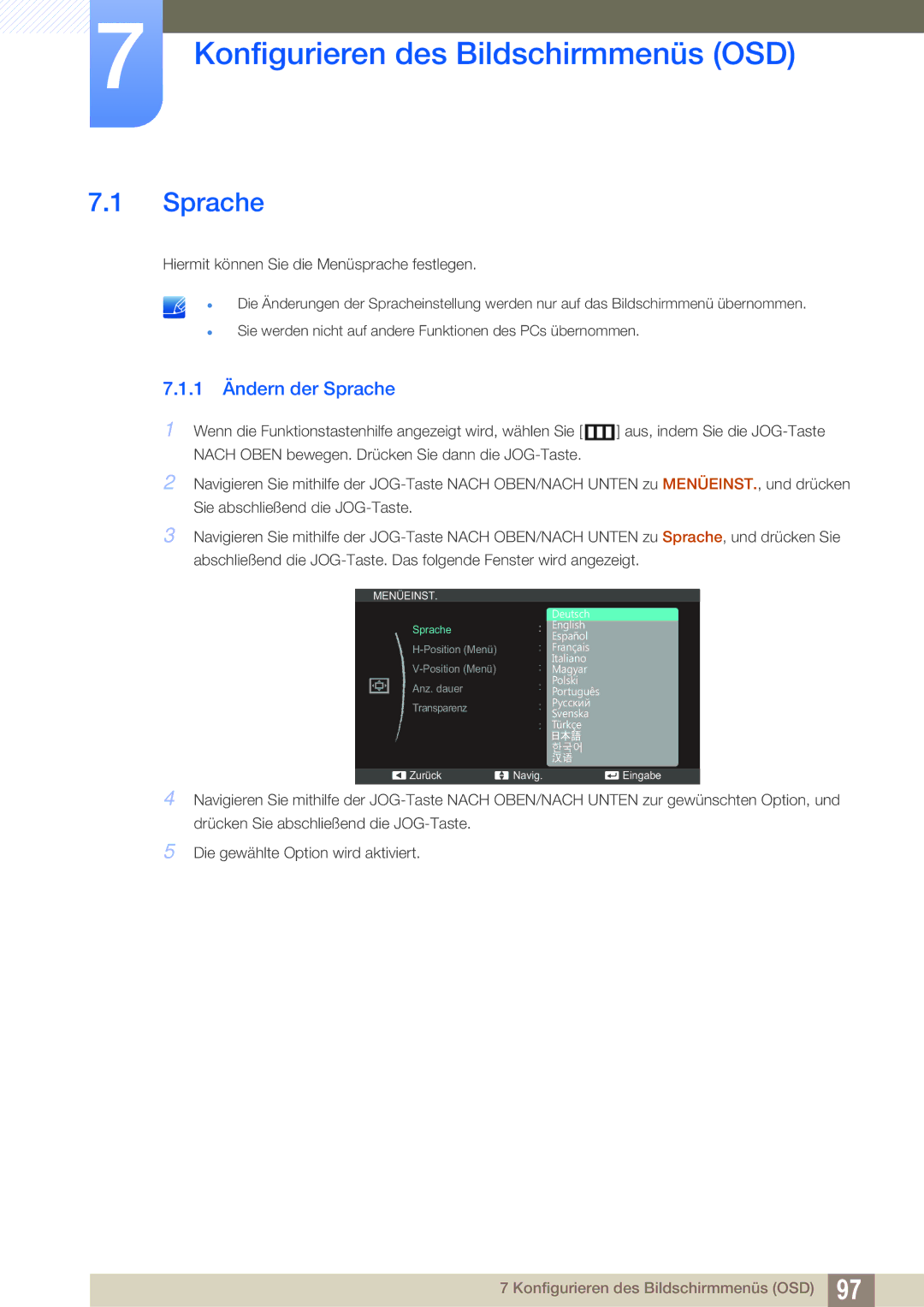 Samsung LS23C350HS/EN, LS22C350HS/EN, LS24C350HS/EN manual Konfigurieren des Bildschirmmenüs OSD, 1 Ändern der Sprache 