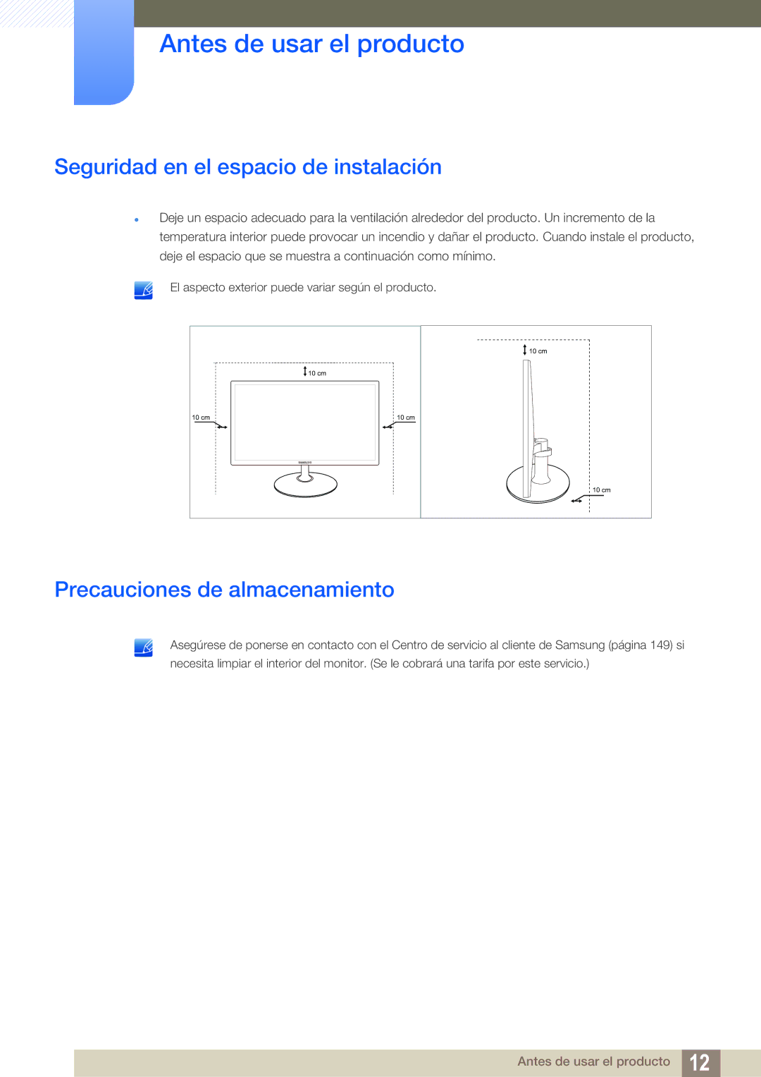 Samsung LS23C350HS/EN, LS22C350HS/EN, LS24C350HS/EN Seguridad en el espacio de instalación, Precauciones de almacenamiento 