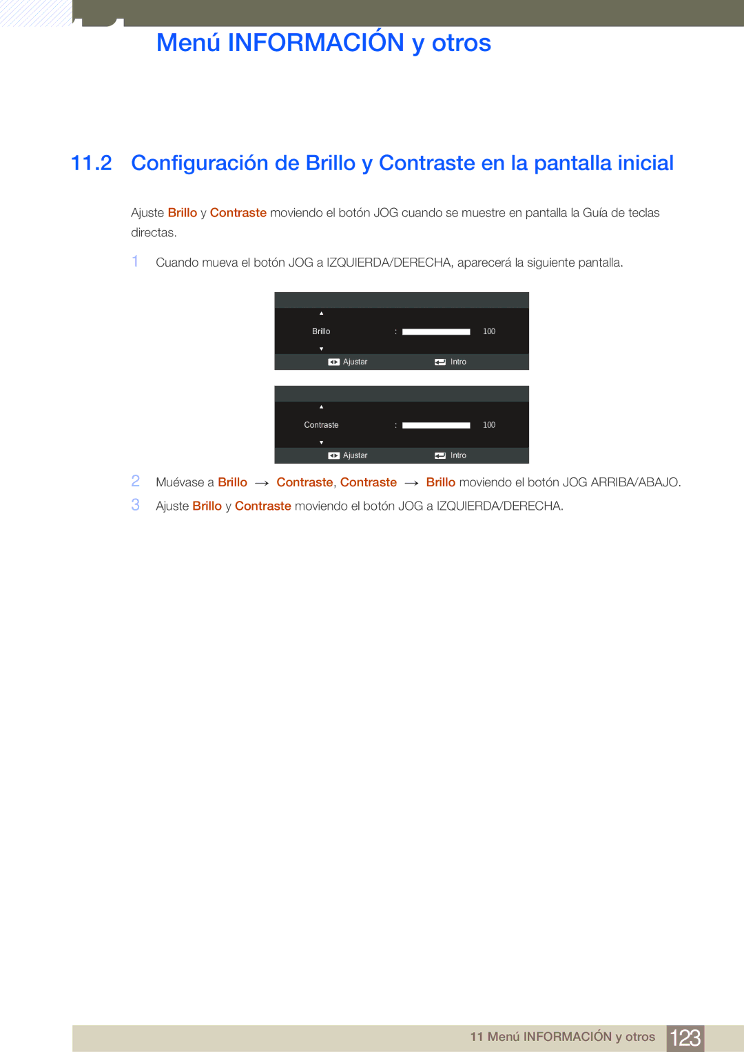 Samsung LS27C350HS/EN, LS22C350HS/EN, LS24C350HS/EN manual Configuración de Brillo y Contraste en la pantalla inicial 