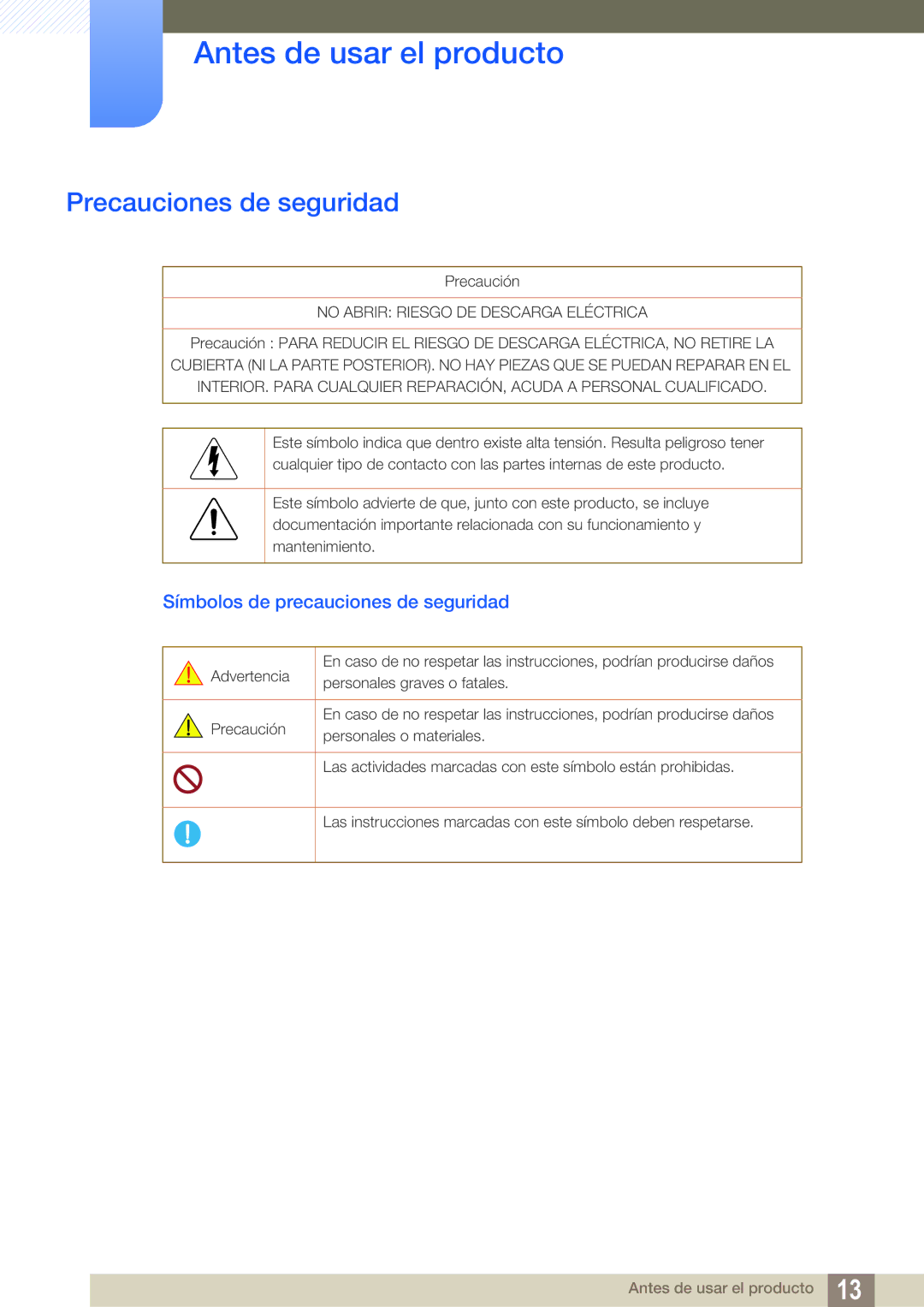 Samsung LS27C350HS/EN, LS22C350HS/EN, LS24C350HS/EN manual Precauciones de seguridad, Símbolos de precauciones de seguridad 