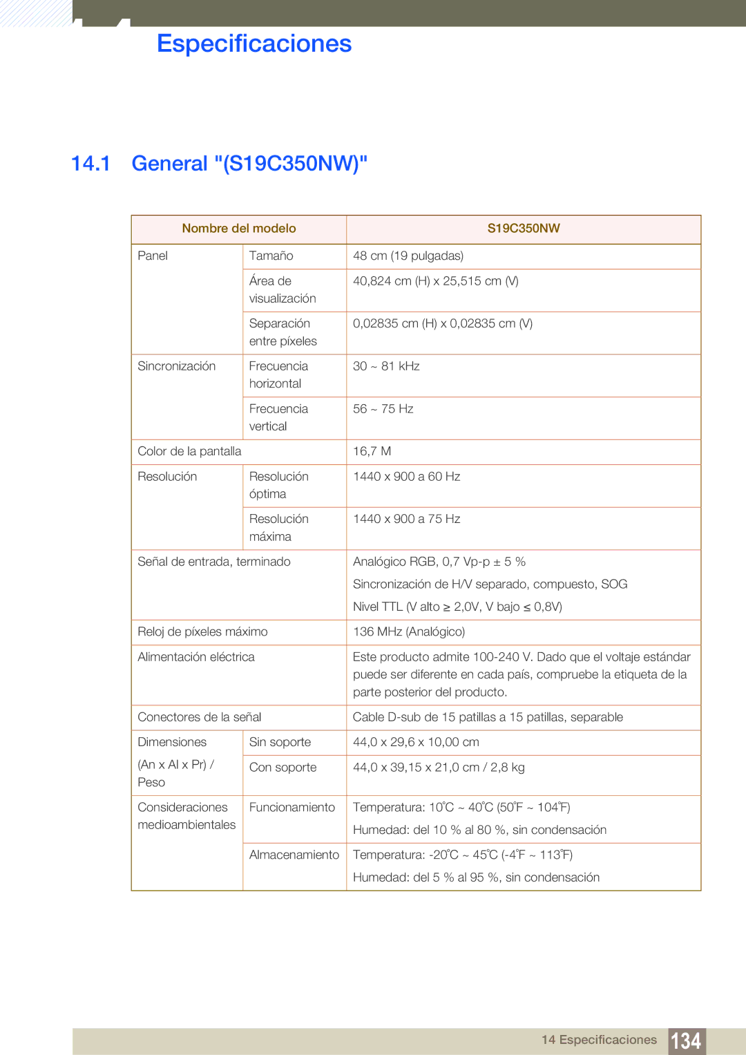 Samsung LS22D300NY/EN, LS22C350HS/EN, LS24C350HS/EN, LS23C350HS/EN, LS27C350HS/EN manual Especificaciones, General S19C350NW 