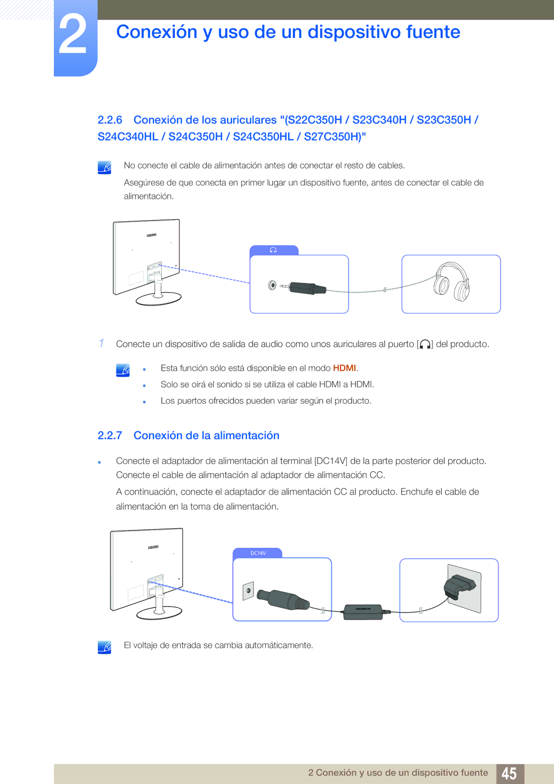 Samsung LS22C350HS/EN, LS24C350HS/EN, LS23C350HS/EN, LS27C350HS/EN, LS22D300NY/EN manual Conexión de la alimentación 