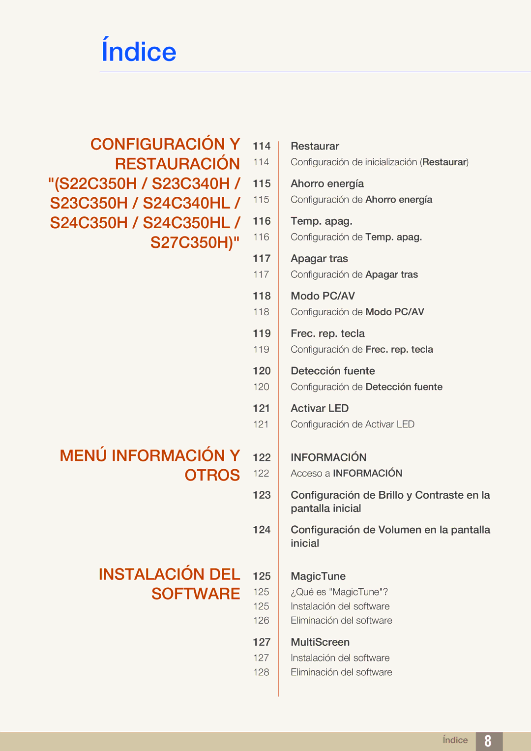 Samsung LS27C350HS/EN, LS22C350HS/EN, LS24C350HS/EN, LS23C350HS/EN, LS22D300NY/EN manual Menú Información Y 122 Otros 