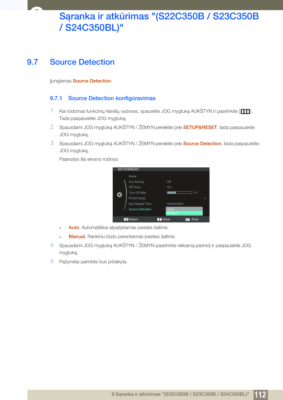 Samsung LS23C350HS/EN, LS22C350HS/EN, LS24C350HS/EN, LS27C350HS/EN, LS22D300NY/EN manual Source Detection konfigūravimas 