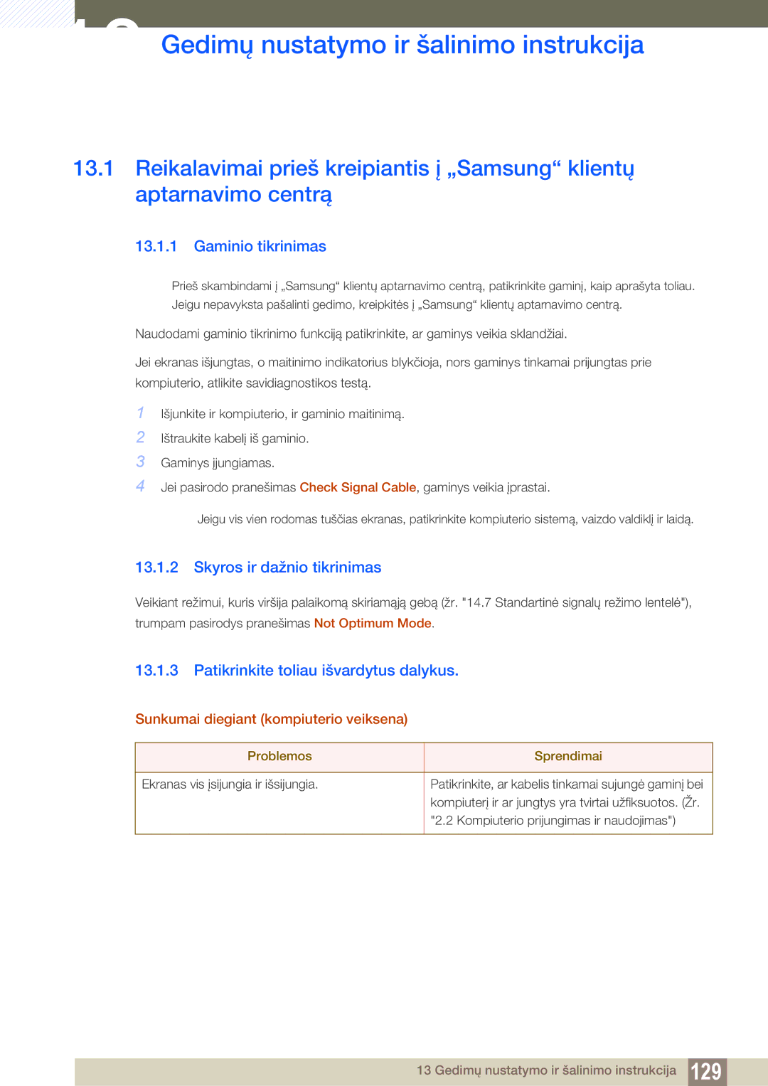 Samsung LS22D300NY/EN manual Gedimų nustatymo ir šalinimo instrukcija, Gaminio tikrinimas, Skyros ir dažnio tikrinimas 