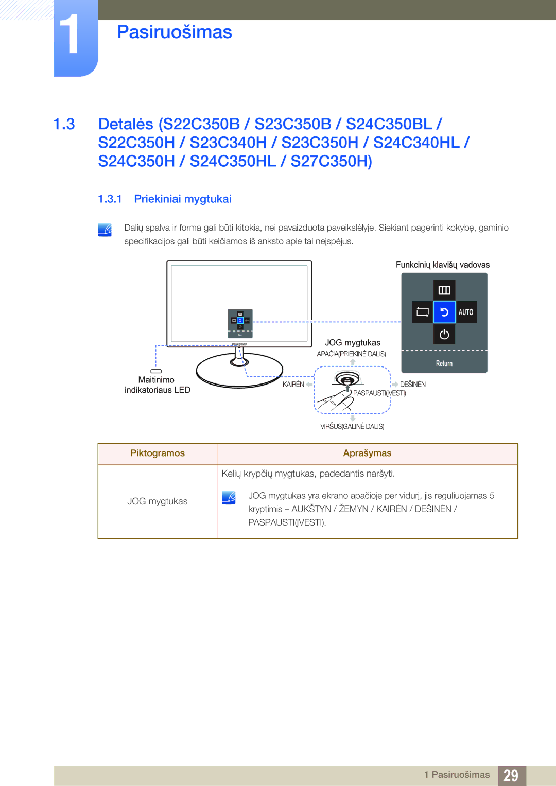 Samsung LS22D300NY/EN, LS22C350HS/EN, LS24C350HS/EN, LS23C350HS/EN, LS27C350HS/EN manual Priekiniai mygtukai 