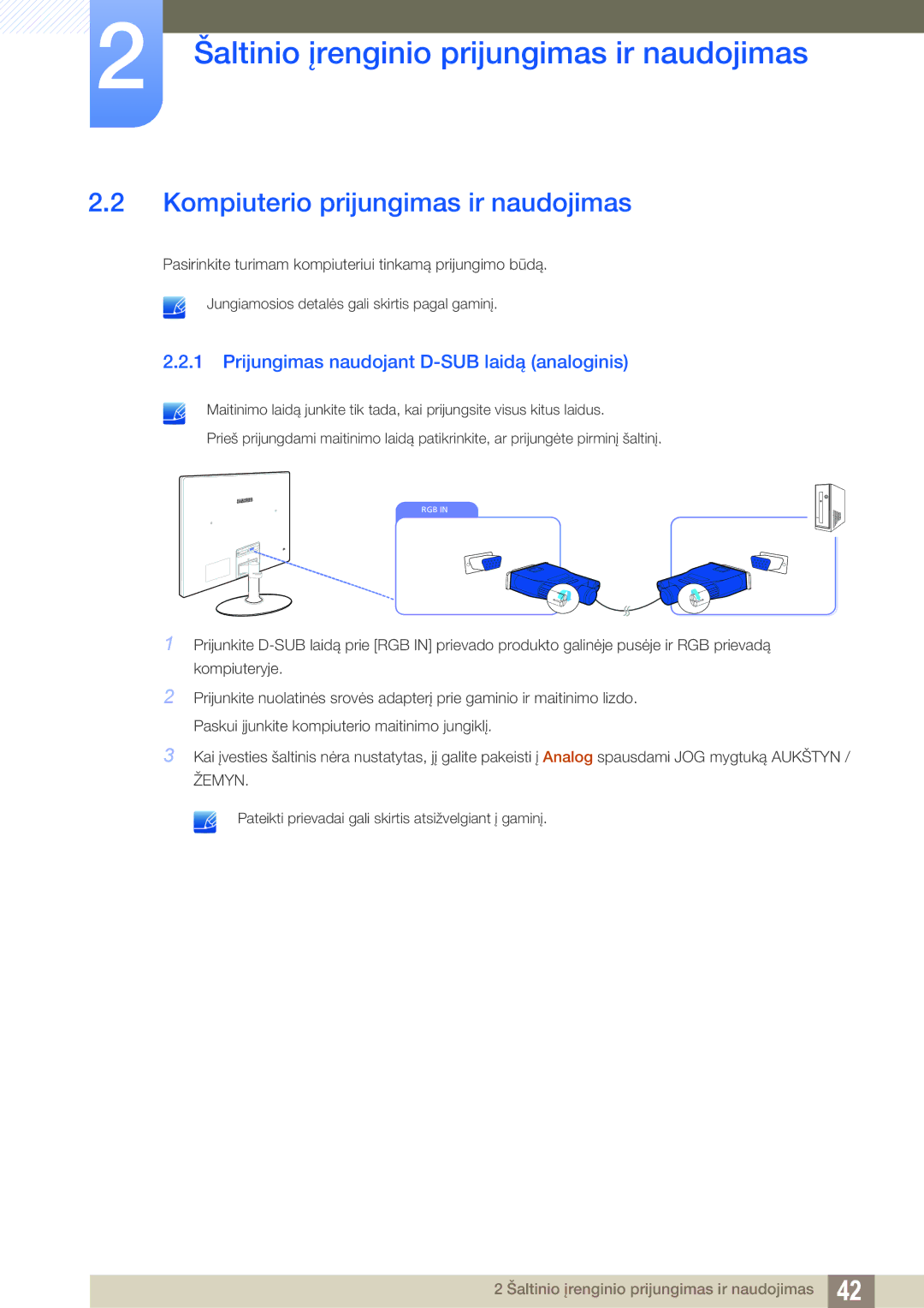 Samsung LS23C350HS/EN, LS22C350HS/EN Kompiuterio prijungimas ir naudojimas, Prijungimas naudojant D-SUB laidą analoginis 