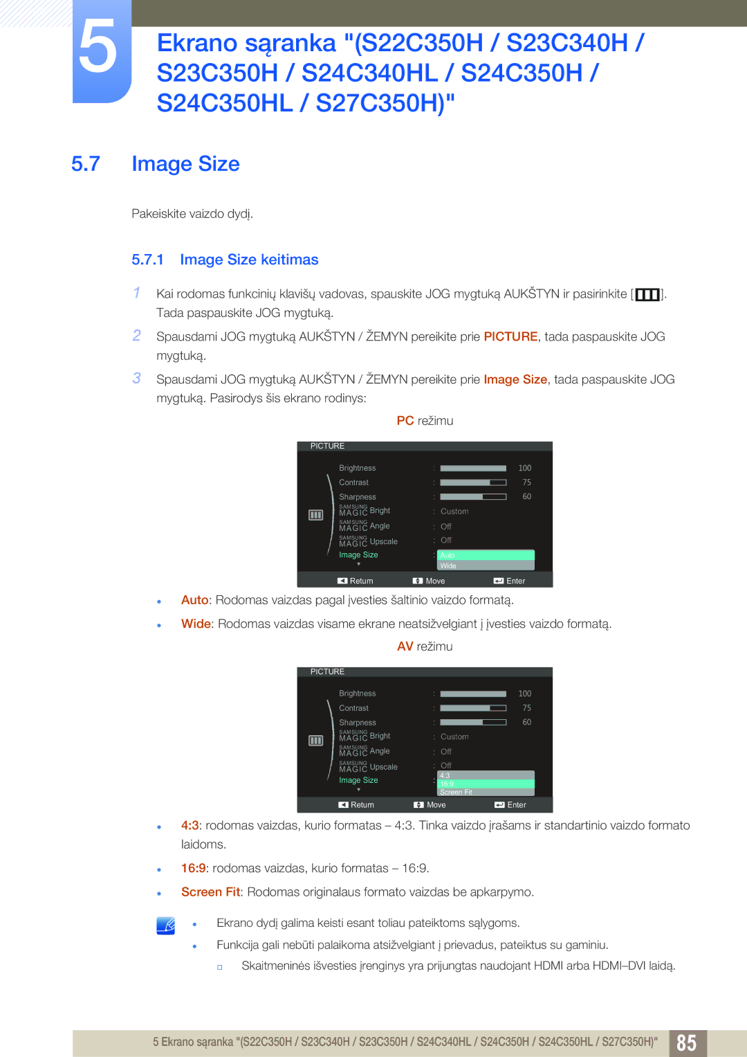 Samsung LS22C350HS/EN, LS24C350HS/EN, LS23C350HS/EN, LS27C350HS/EN, LS22D300NY/EN manual Image Size 