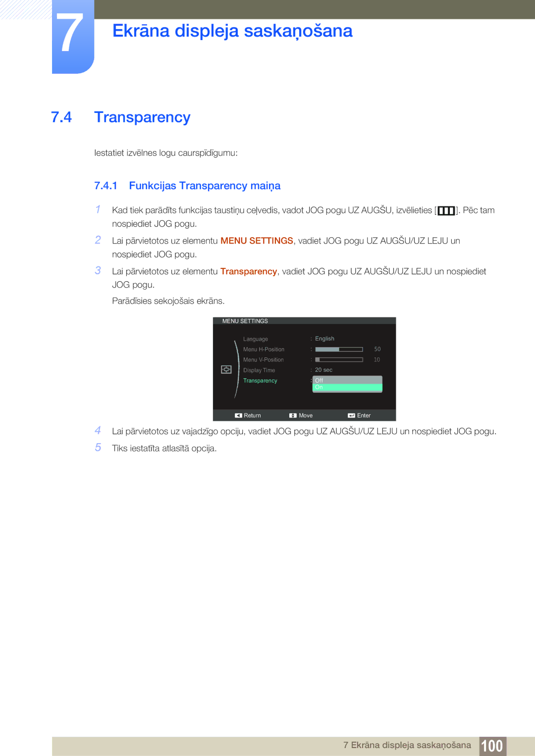 Samsung LS22C350HS/EN, LS24C350HS/EN, LS23C350HS/EN, LS27C350HS/EN, LS22D300NY/EN manual Funkcijas Transparency maiņa 