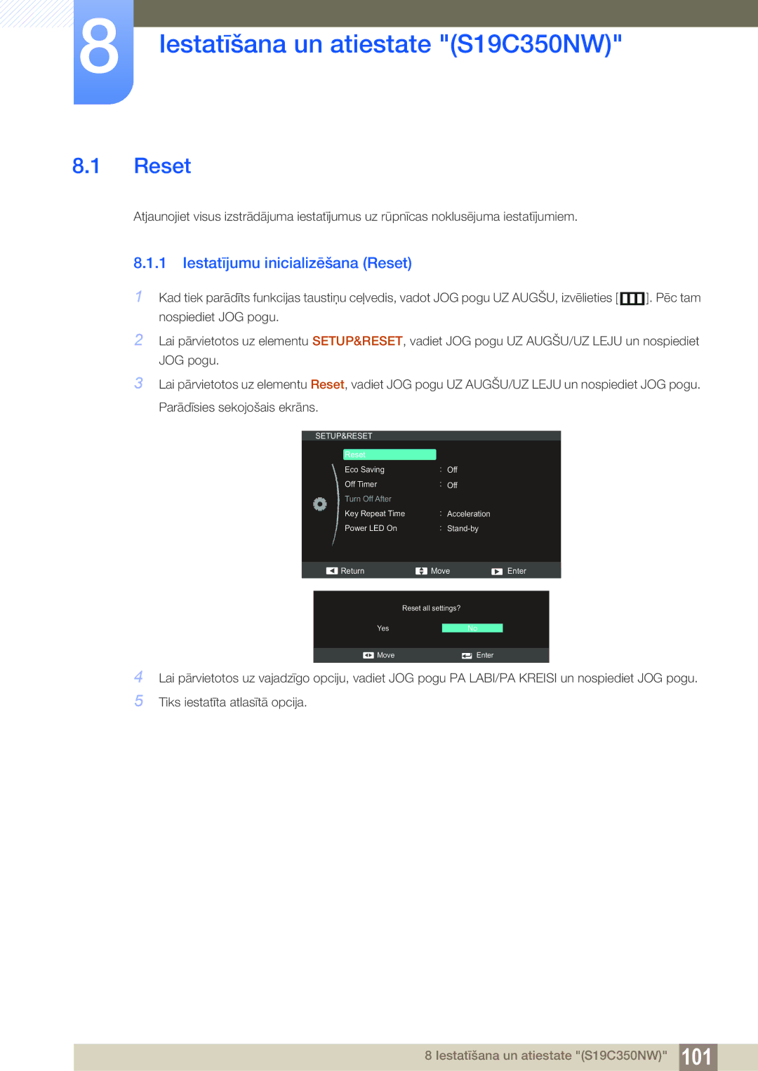 Samsung LS24C350HS/EN, LS22C350HS/EN manual Iestatīšana un atiestate S19C350NW, Iestatījumu inicializēšana Reset 