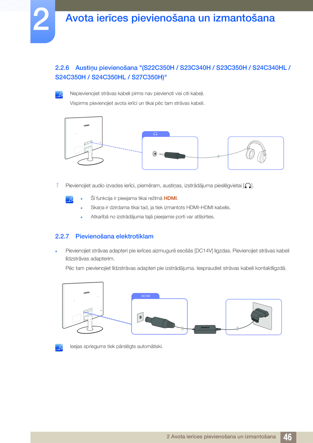 Samsung LS24C350HS/EN, LS22C350HS/EN, LS23C350HS/EN, LS27C350HS/EN, LS22D300NY/EN manual Pievienošana elektrotīklam 