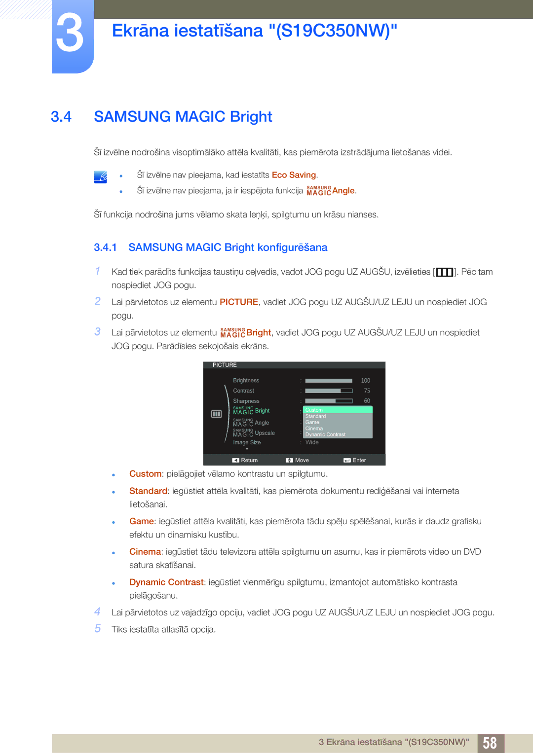 Samsung LS27C350HS/EN, LS22C350HS/EN, LS24C350HS/EN, LS23C350HS/EN, LS22D300NY/EN manual Samsung Magic Bright konfigurēšana 