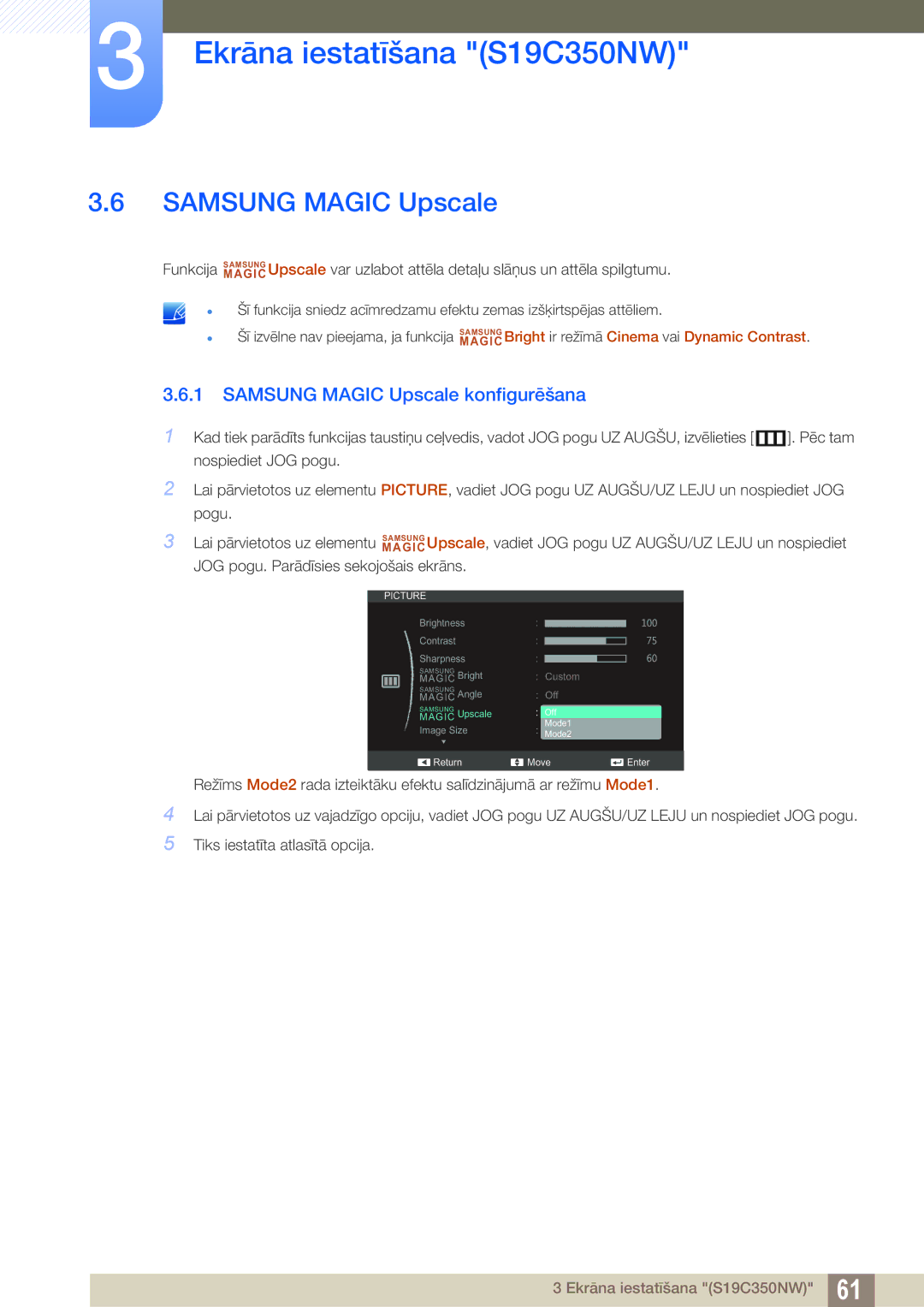 Samsung LS24C350HS/EN, LS22C350HS/EN, LS23C350HS/EN, LS27C350HS/EN, LS22D300NY/EN Samsung Magic Upscale konfigurēšana 