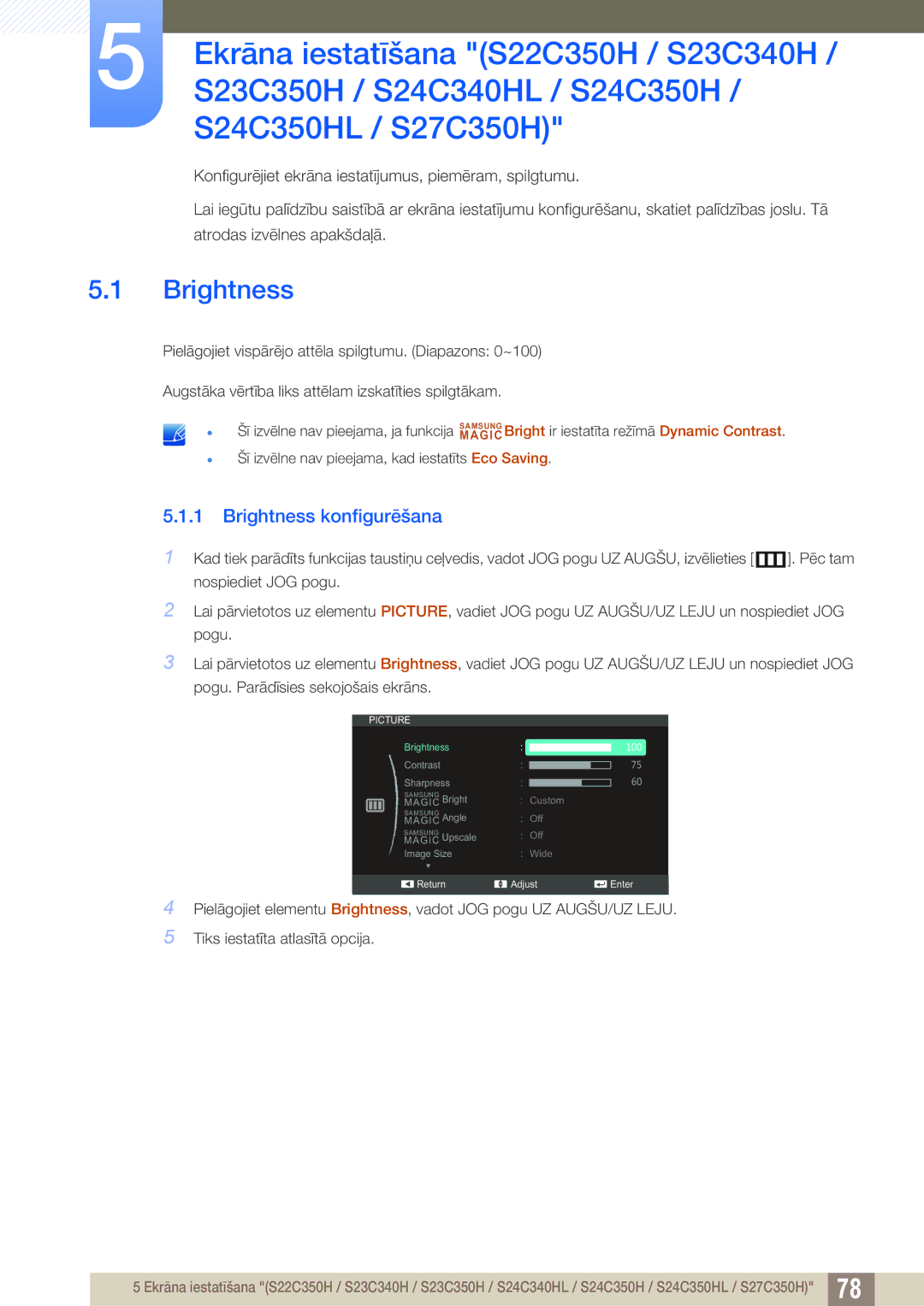 Samsung LS27C350HS/EN, LS22C350HS/EN, LS24C350HS/EN, LS23C350HS/EN, LS22D300NY/EN manual Brightness 