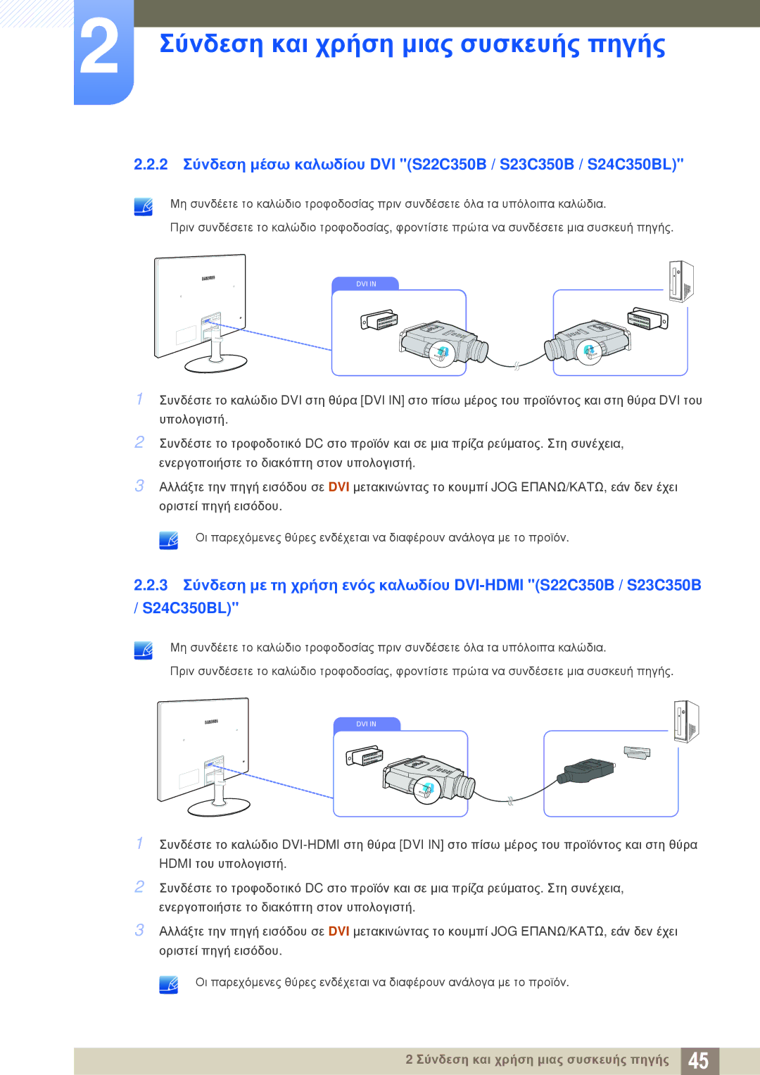 Samsung LS22C350HS/EN, LS24C350HS/EN, LS23C350HS/EN manual 2 Σύνδεση μέσω καλωδίου DVI S22C350B / S23C350B / S24C350BL 
