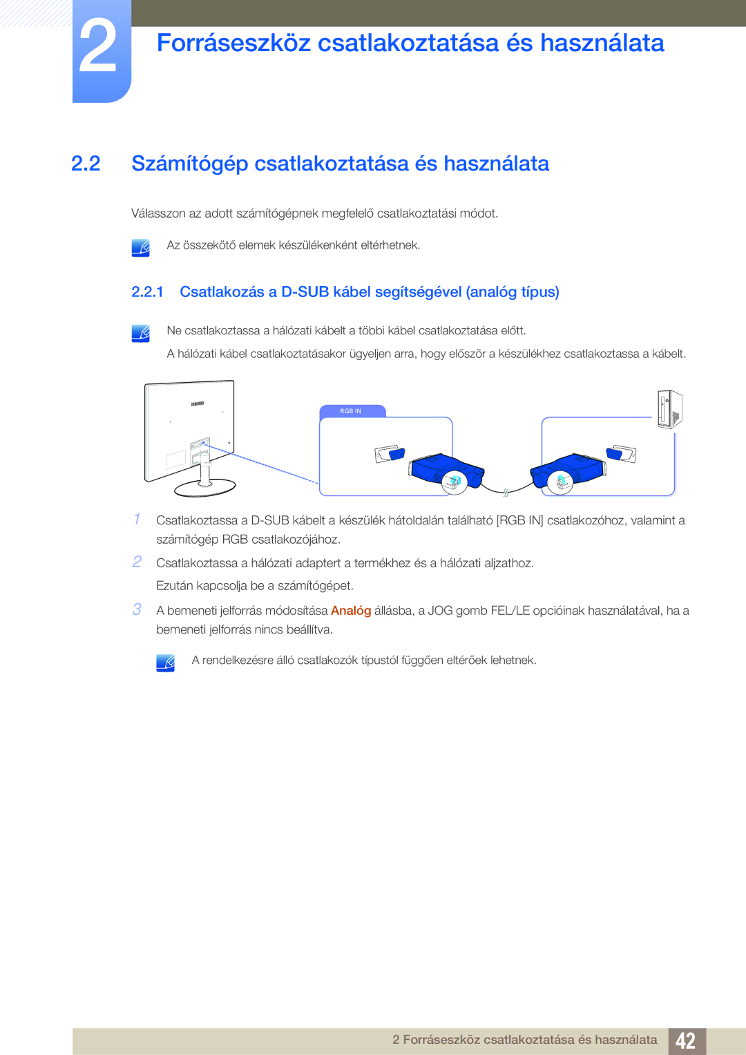 Samsung LS23C350HS/EN manual Számítógép csatlakoztatása és használata, Csatlakozás a D-SUB kábel segítségével analóg típus 