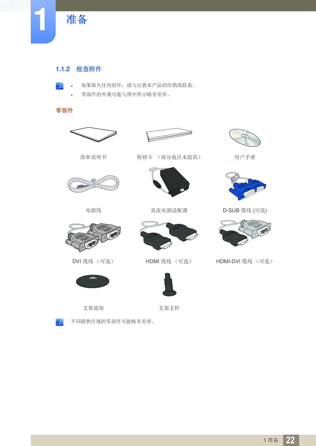 Samsung LS23C350HS/EN, LS22C350HS/EN, LS24C350HS/EN, LS27C350HS/EN, LS22D300NY/EN manual 2 检查附件, 零部件 