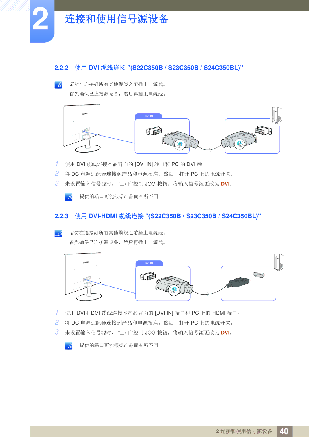 Samsung LS22C350HS/EN, LS24C350HS/EN, LS23C350HS/EN, LS27C350HS/EN manual 2 使用 DVI 缆线连接 S22C350B / S23C350B / S24C350BL 