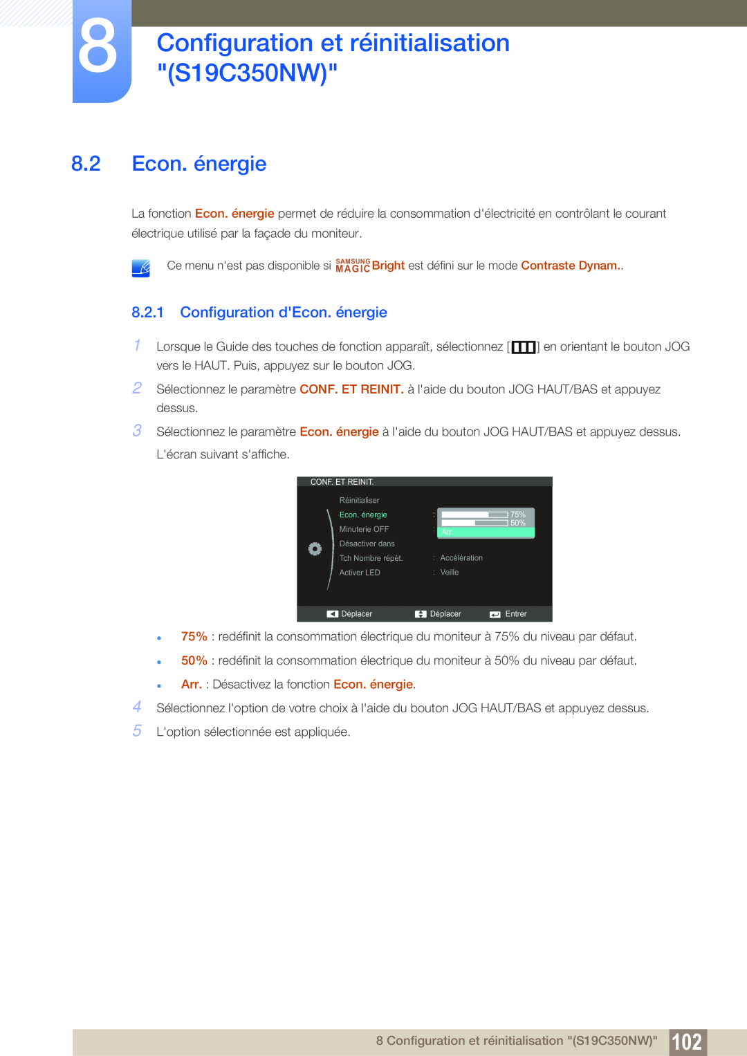 Samsung LS23C350HS/EN, LS22C350HS/EN manual Configuration dEcon. énergie, Configuration et réinitialisation S19C350NW 