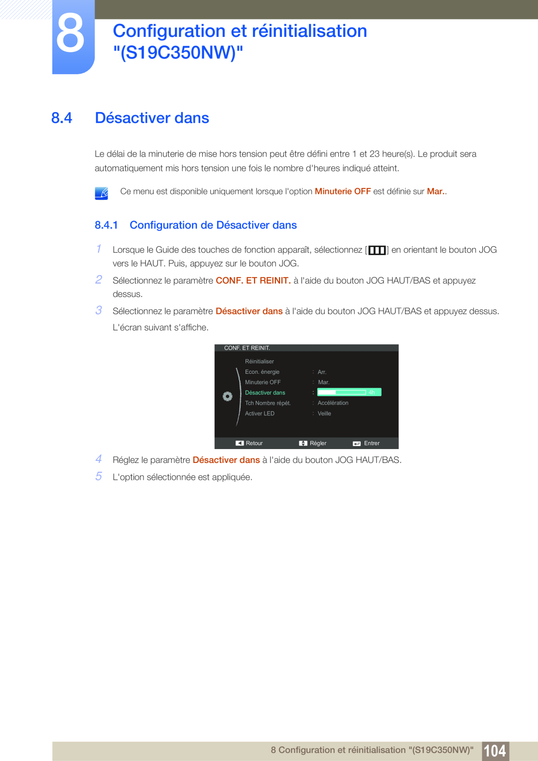 Samsung LS22D300NY/EN 8.4 Désactiver dans, Configuration de Désactiver dans, Configuration et réinitialisation S19C350NW 