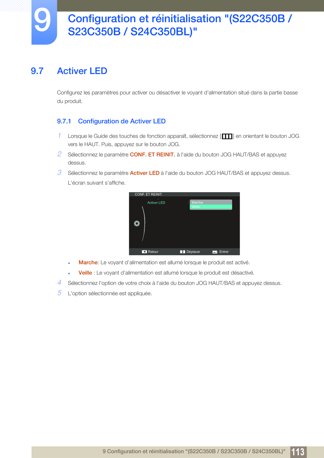 Samsung LS27C350HS/EN Configuration de Activer LED, Configuration et réinitialisation S22C350B / S23C350B / S24C350BL 