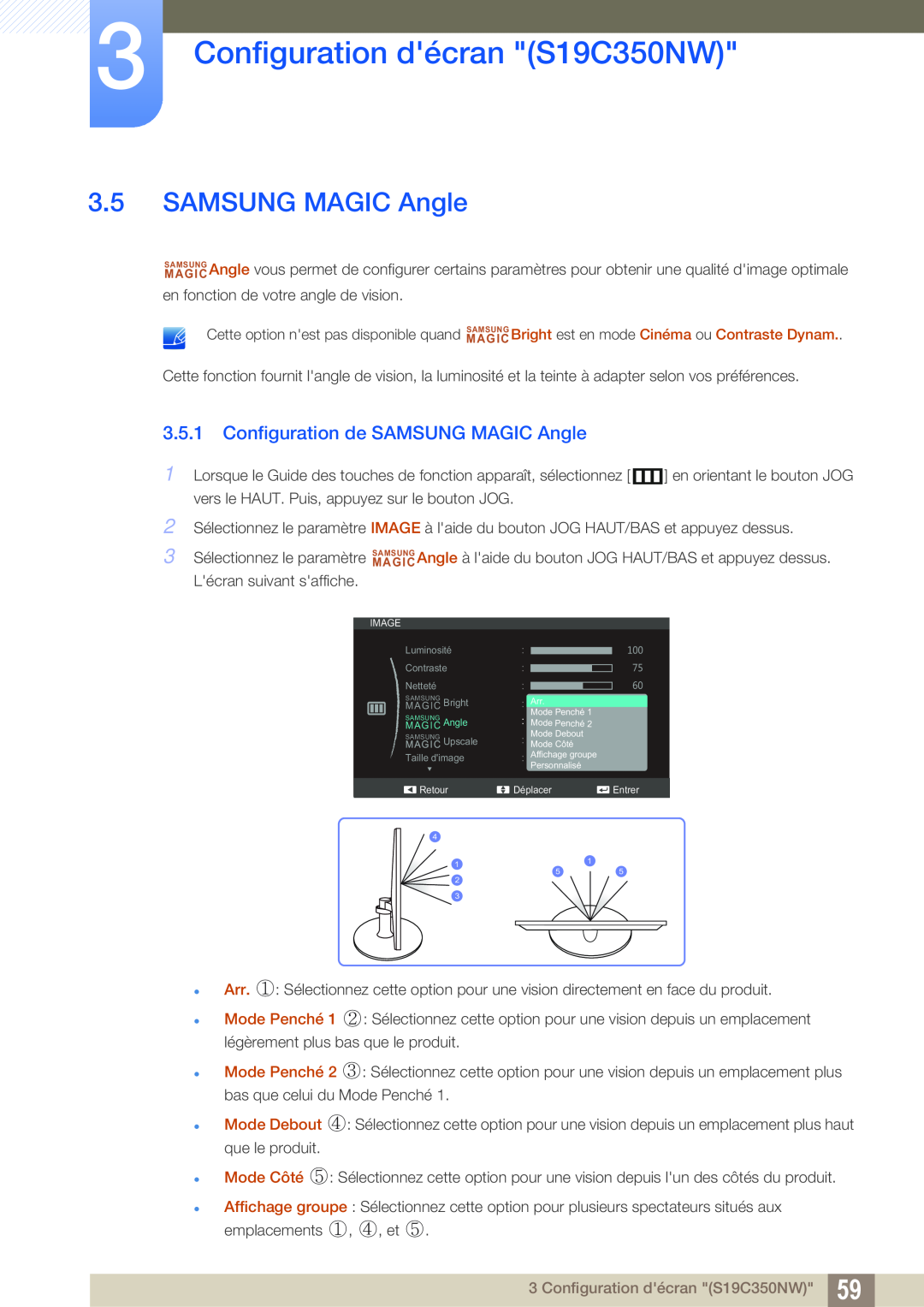 Samsung LS22D300NY/EN, LS22C350HS/EN manual Configuration de SAMSUNG MAGIC Angle, Configuration décran S19C350NW 