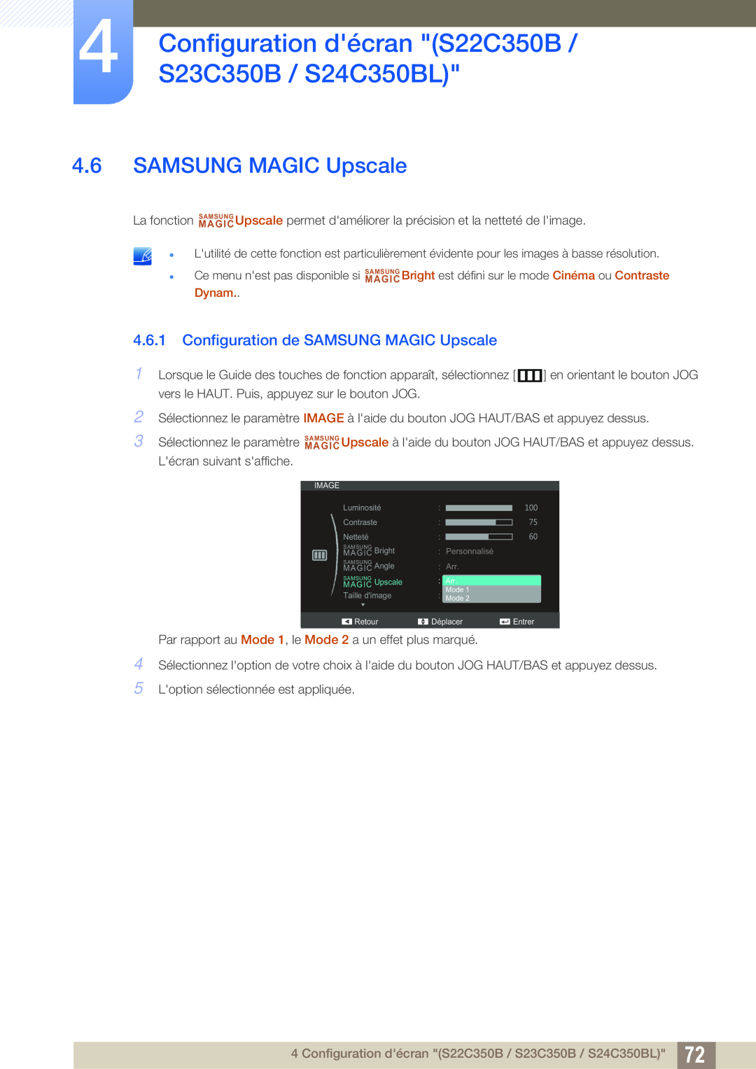 Samsung LS23C350HS/EN Configuration de SAMSUNG MAGIC Upscale, Configuration décran S22C350B / S23C350B / S24C350BL 