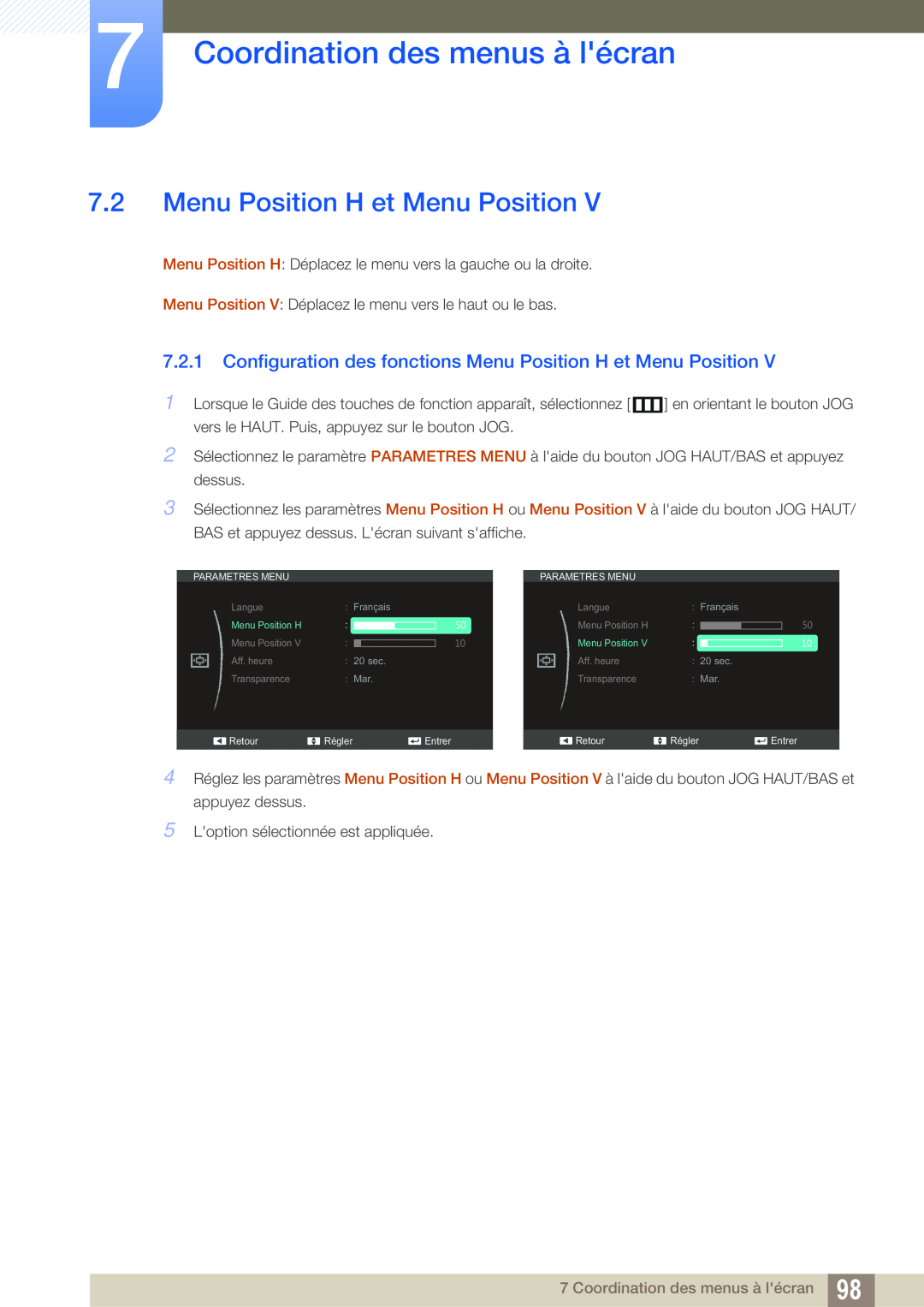Samsung LS27C350HS/EN Configuration des fonctions Menu Position H et Menu Position, Coordination des menus à lécran 