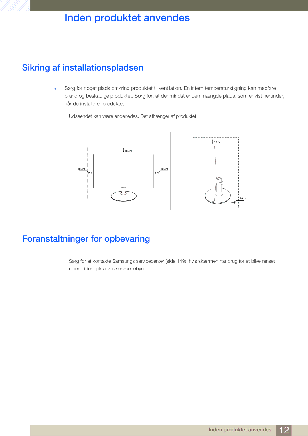 Samsung LS22C350HS/EN, LS24C350HS/EN, LS23C350HS/EN manual Sikring af installationspladsen, Foranstaltninger for opbevaring 