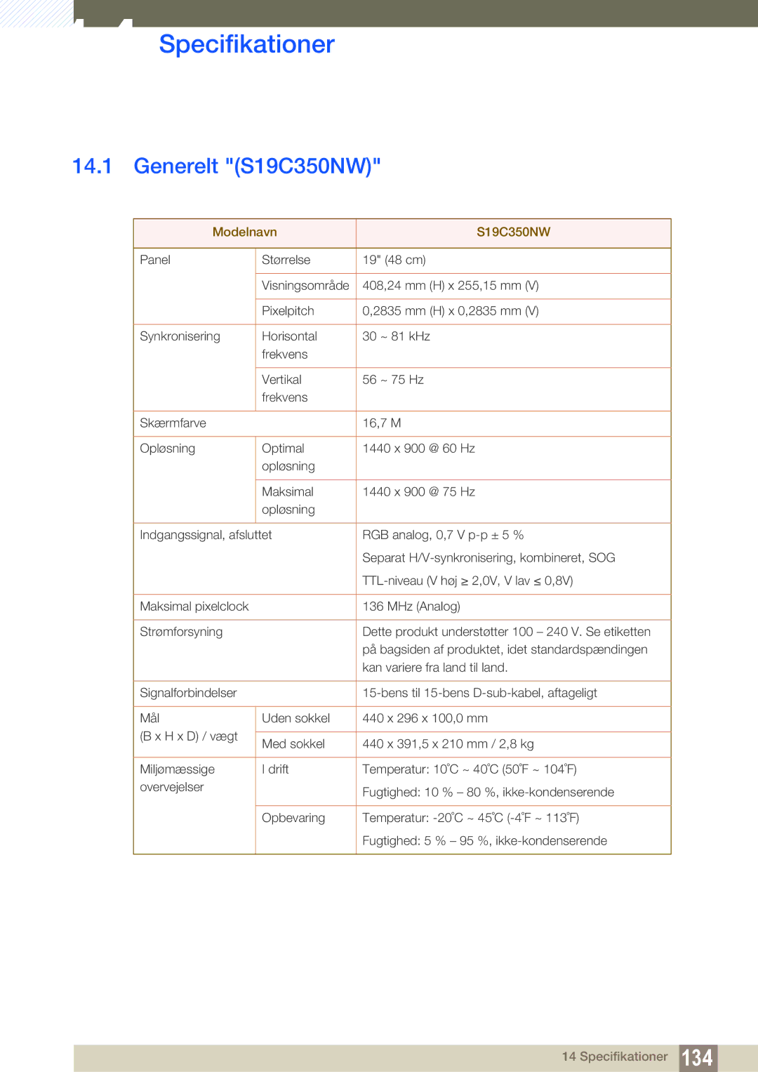 Samsung LS23C350HS/EN, LS22C350HS/EN, LS24C350HS/EN, LS27C350HS/EN manual Specifikationer, Generelt S19C350NW 