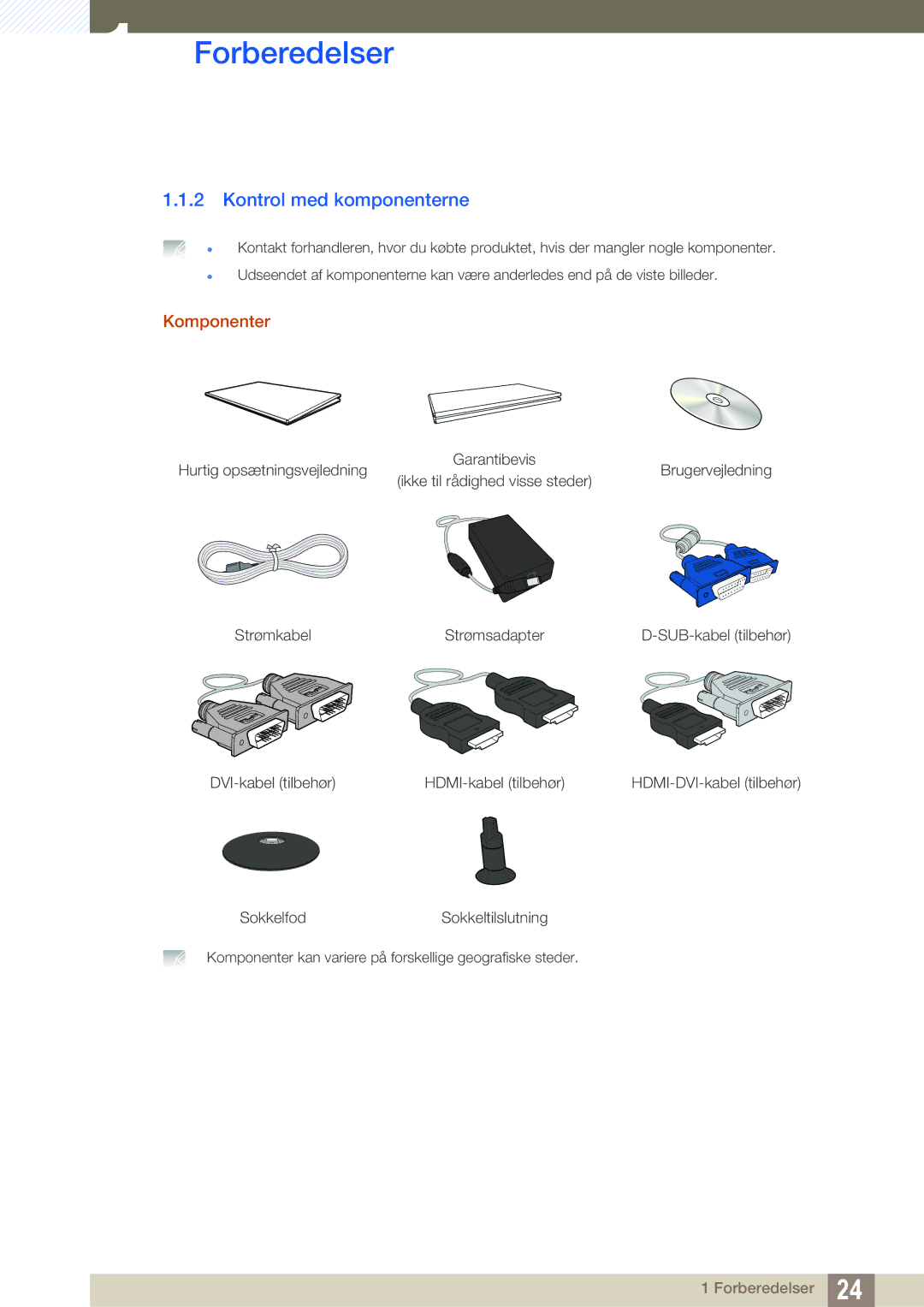 Samsung LS22C350HS/EN, LS24C350HS/EN, LS23C350HS/EN, LS27C350HS/EN manual Kontrol med komponenterne, Komponenter 