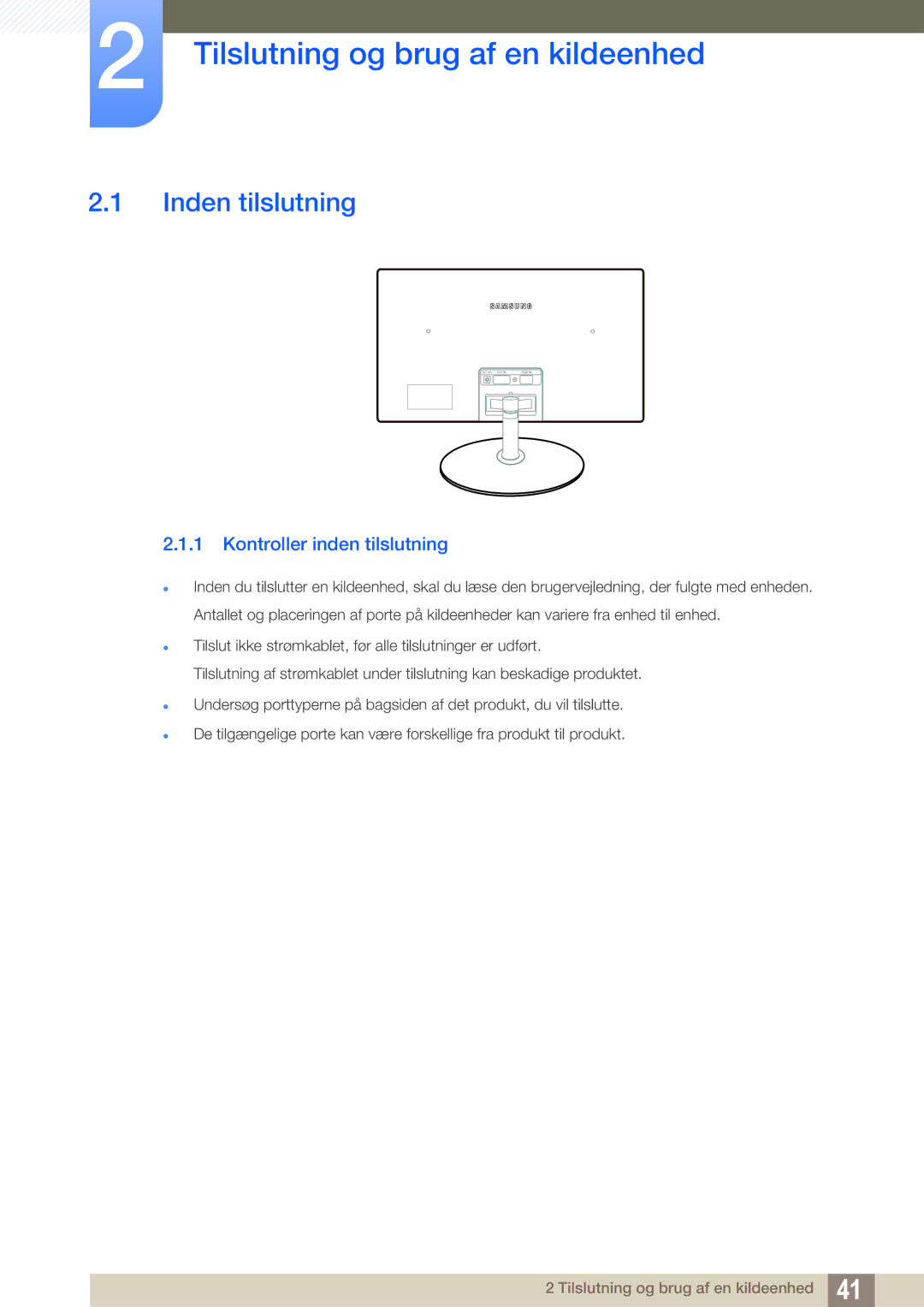 Samsung LS24C350HS/EN, LS22C350HS/EN Tilslutning og brug af en kildeenhed, Inden tilslutning, Kontroller inden tilslutning 