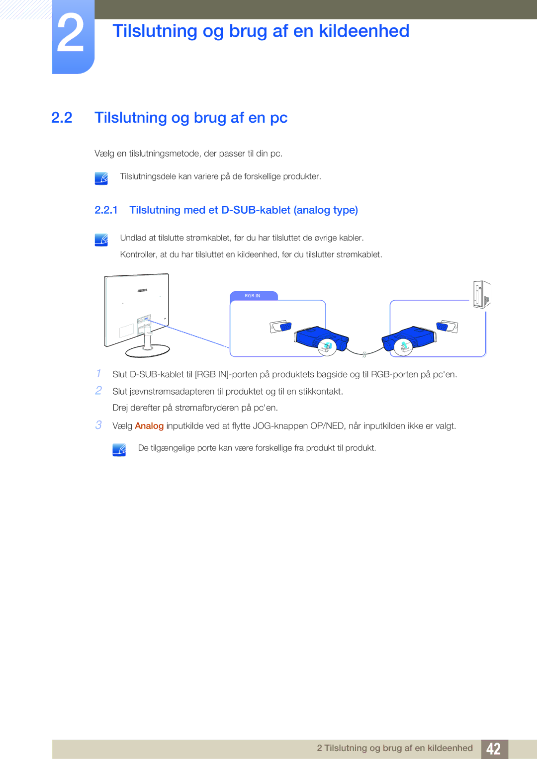 Samsung LS23C350HS/EN, LS22C350HS/EN manual Tilslutning og brug af en pc, Tilslutning med et D-SUB-kablet analog type 