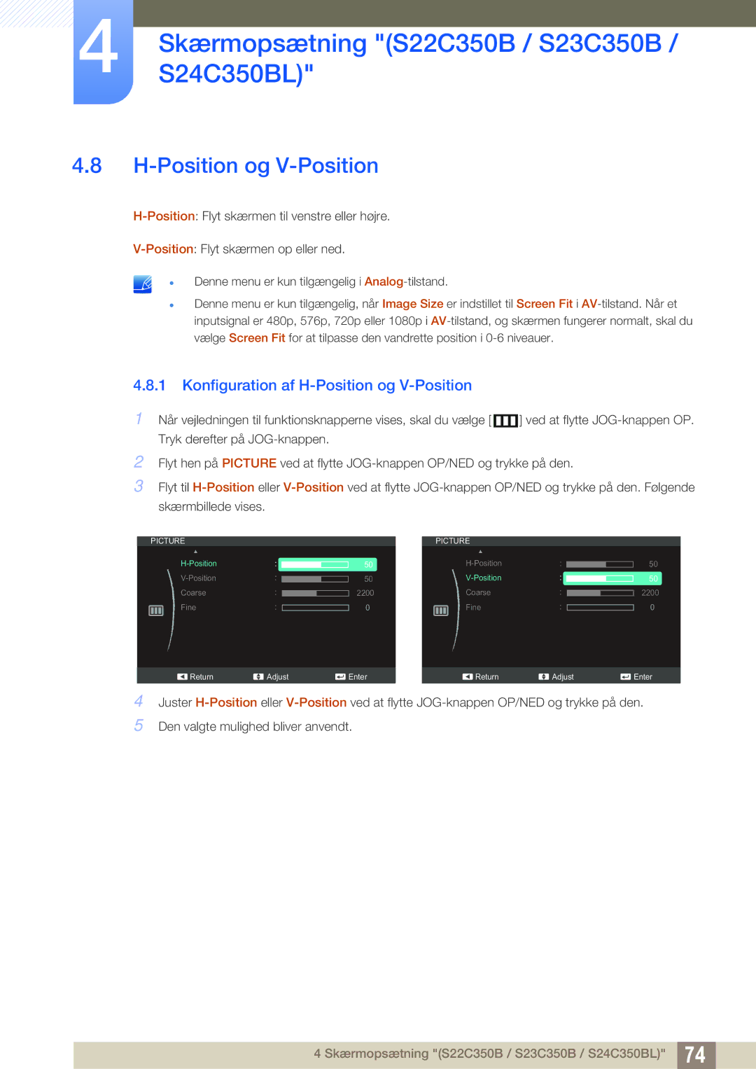 Samsung LS23C350HS/EN, LS22C350HS/EN, LS24C350HS/EN, LS27C350HS/EN manual Position og V-Position 