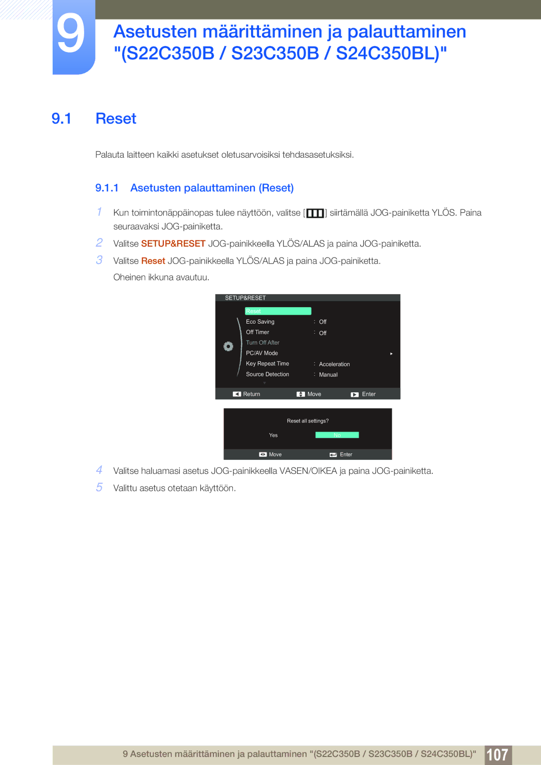 Samsung LS27C350HS/EN, LS22C350HS/EN, LS24C350HS/EN, LS23C350HS/EN manual Reset all settings? Yes Move Enter 