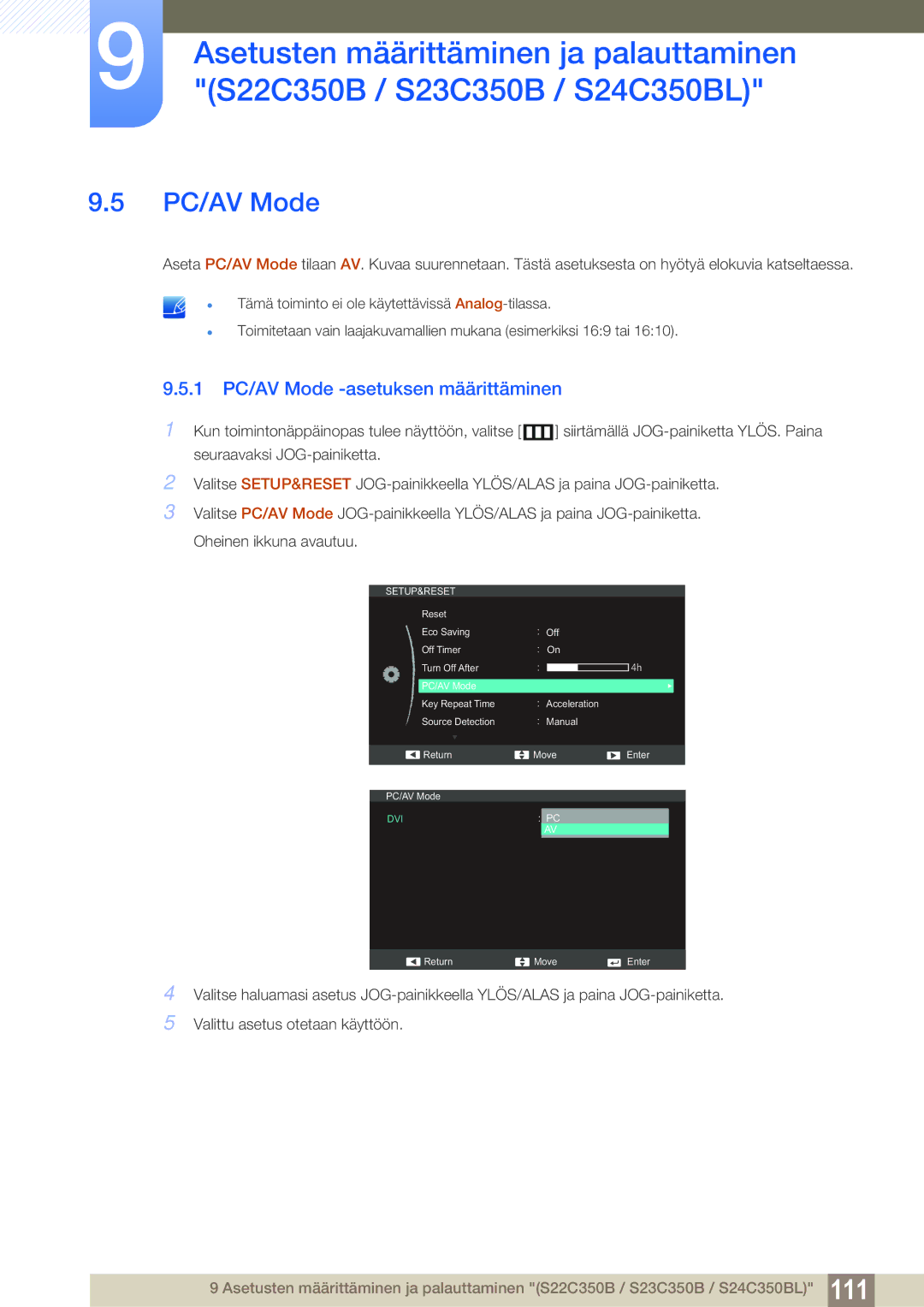 Samsung LS27C350HS/EN, LS22C350HS/EN, LS24C350HS/EN, LS23C350HS/EN manual 1 PC/AV Mode -asetuksen määrittäminen 