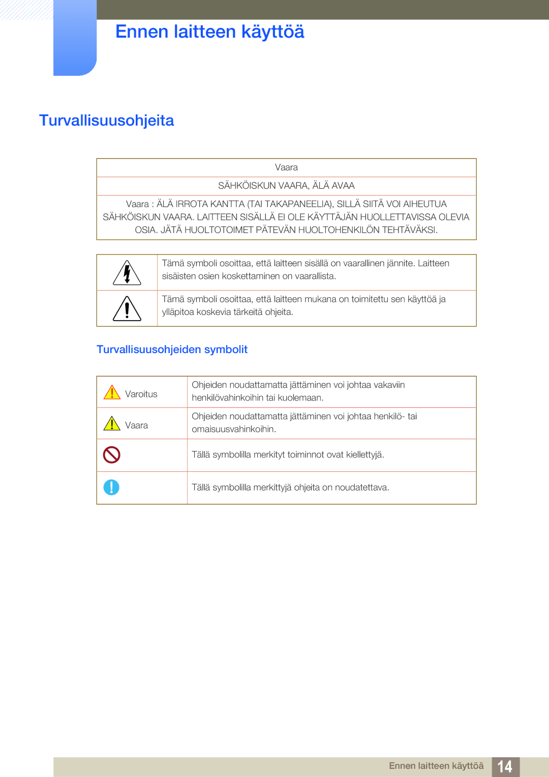 Samsung LS23C350HS/EN, LS22C350HS/EN, LS24C350HS/EN, LS27C350HS/EN manual Turvallisuusohjeita, Turvallisuusohjeiden symbolit 