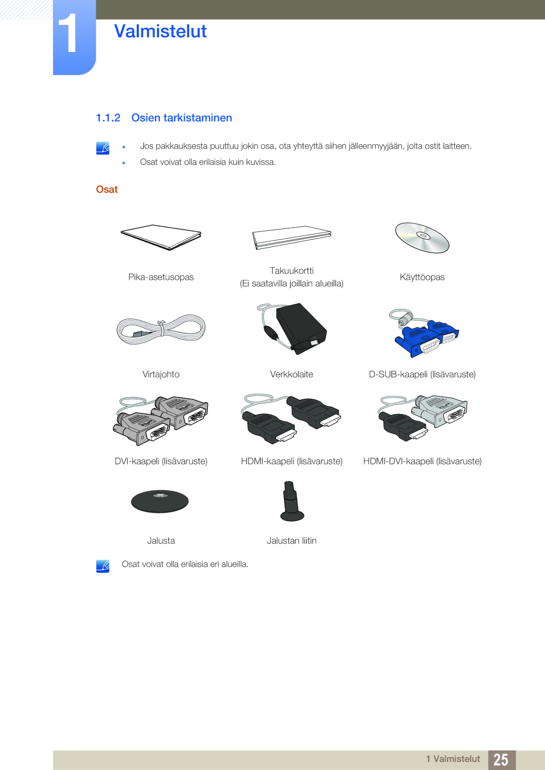 Samsung LS24C350HS/EN, LS22C350HS/EN, LS23C350HS/EN, LS27C350HS/EN manual Osien tarkistaminen, Osat 