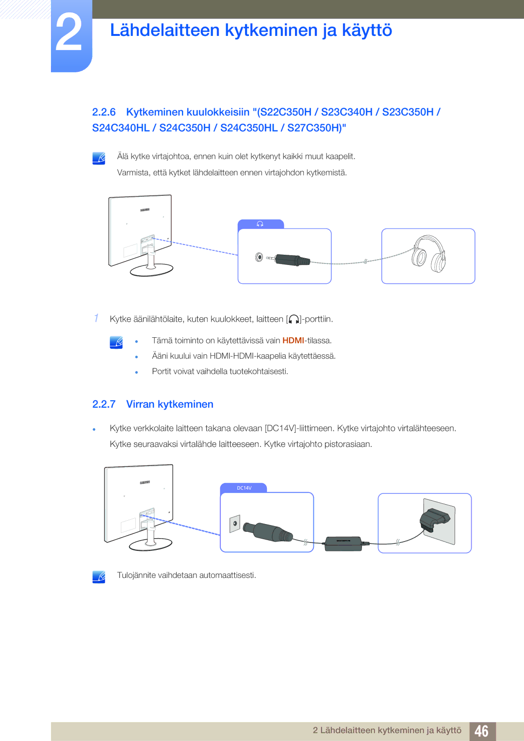 Samsung LS23C350HS/EN, LS22C350HS/EN, LS24C350HS/EN, LS27C350HS/EN manual Virran kytkeminen 