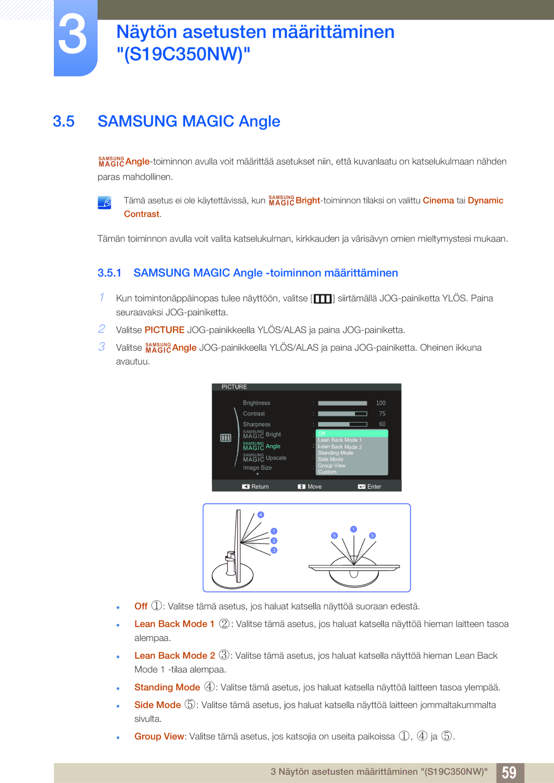 Samsung LS27C350HS/EN, LS22C350HS/EN, LS24C350HS/EN, LS23C350HS/EN manual Samsung Magic Angle -toiminnon määrittäminen 