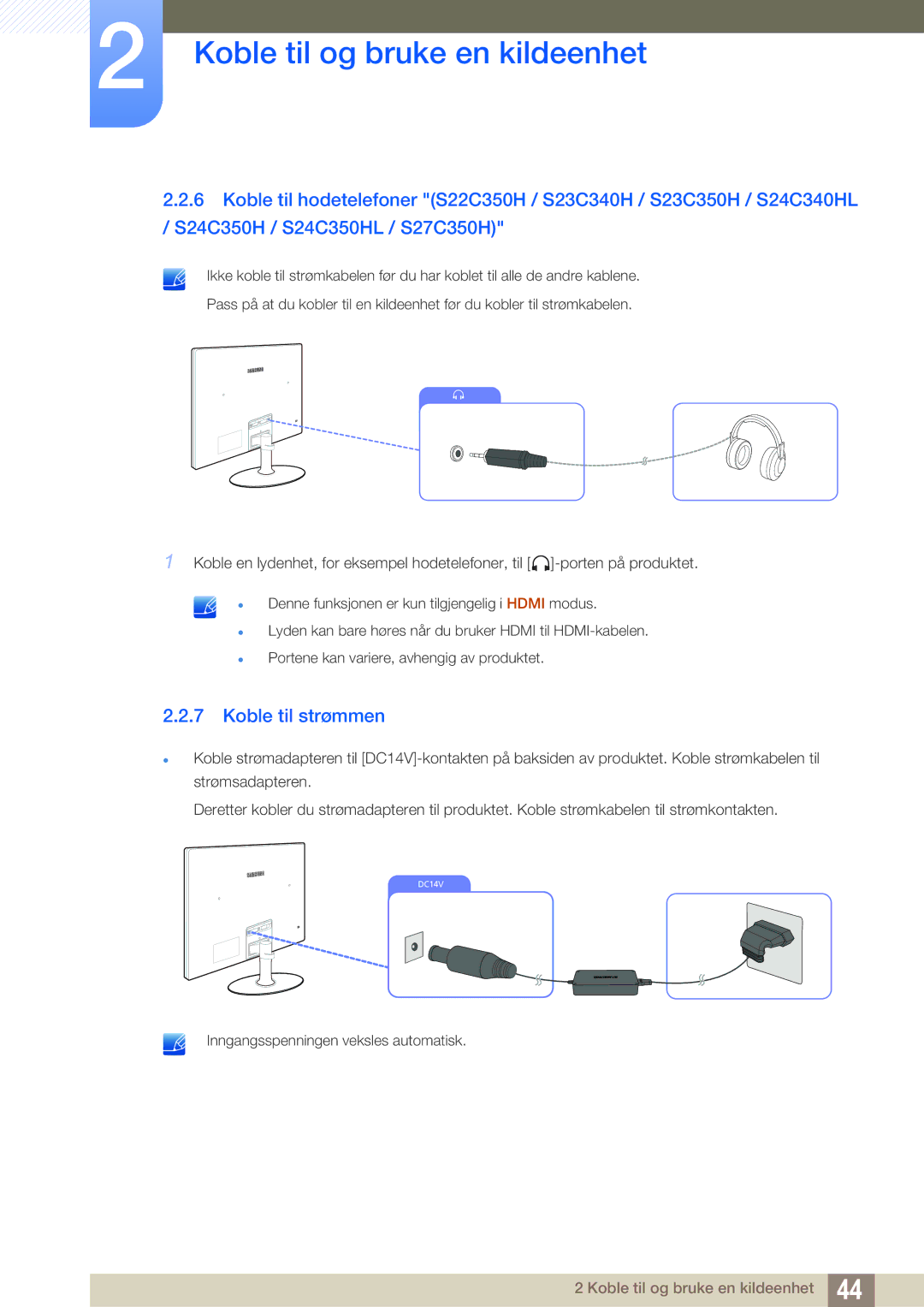 Samsung LS22C350HS/EN, LS24C350HS/EN, LS23C350HS/EN, LS27C350HS/EN manual Koble til strømmen 