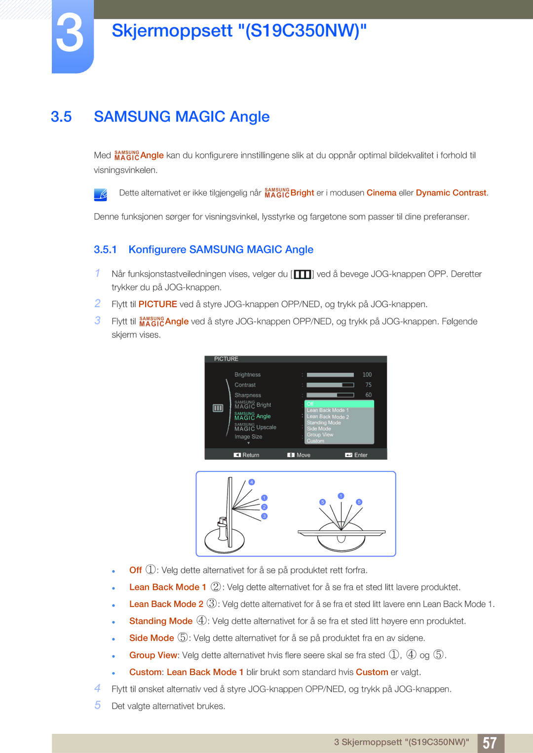 Samsung LS24C350HS/EN, LS22C350HS/EN, LS23C350HS/EN, LS27C350HS/EN manual Konfigurere Samsung Magic Angle 