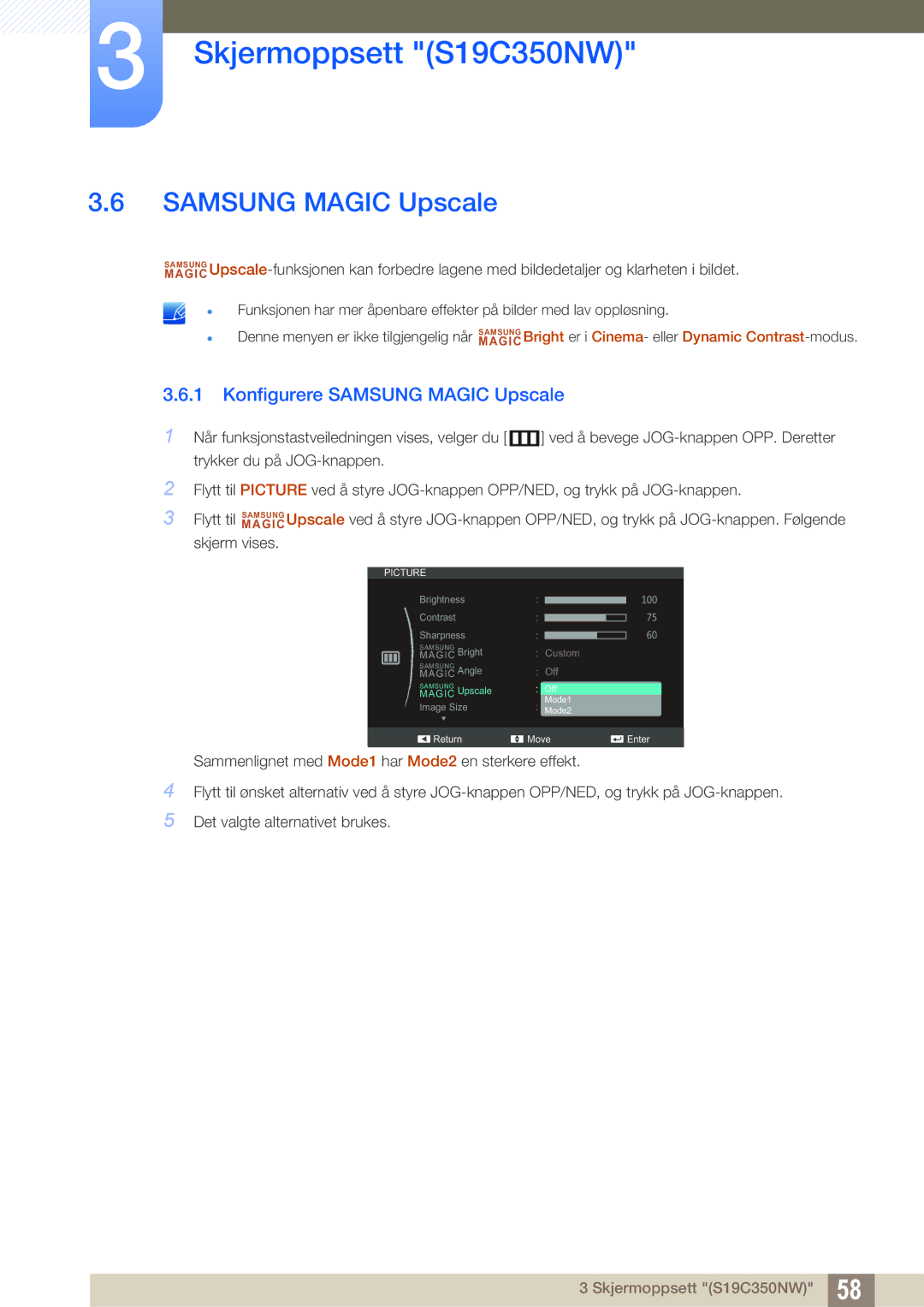 Samsung LS23C350HS/EN, LS22C350HS/EN, LS24C350HS/EN, LS27C350HS/EN manual Konfigurere Samsung Magic Upscale 